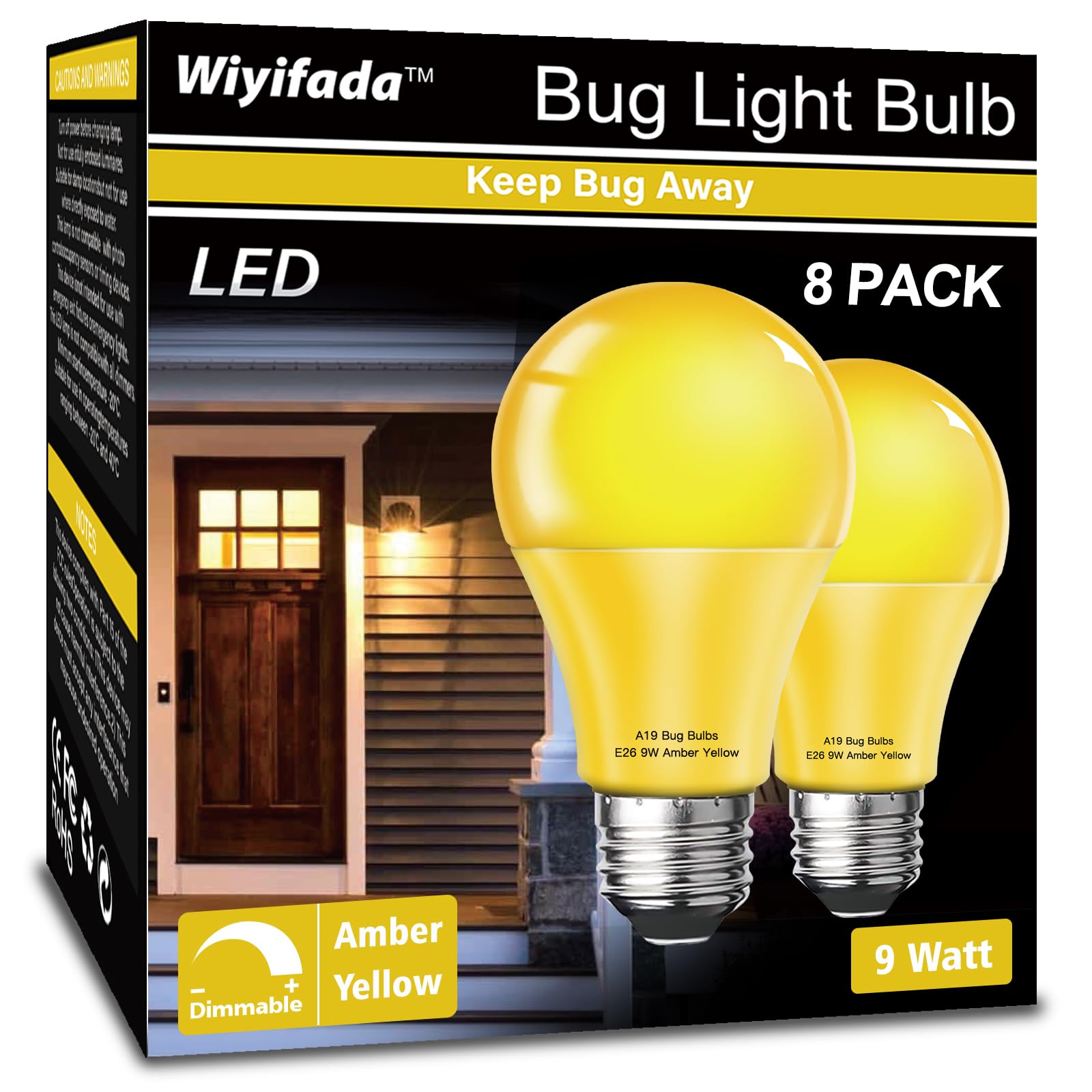 Wiyifada 9W Dimmable Amber Led Bug Light Bulbs, 8 Pack, 100W Equivalent For Outdoor &