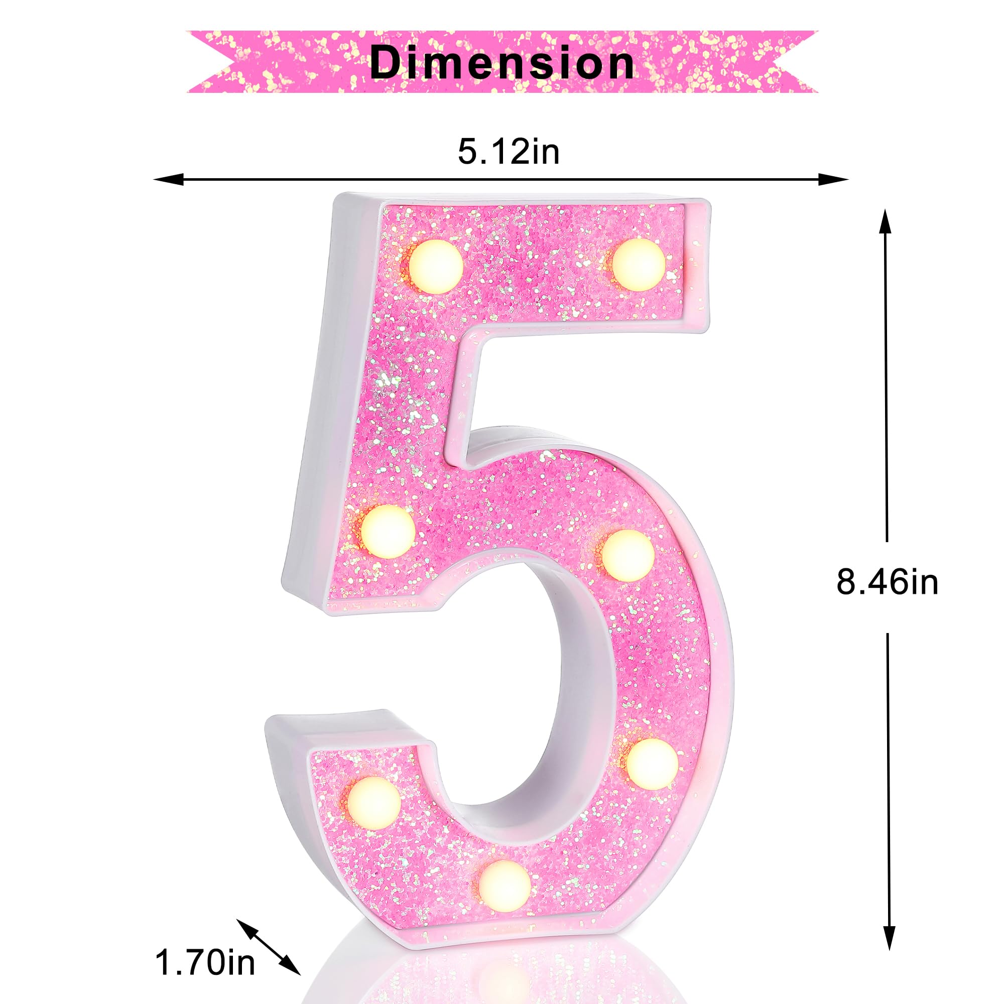 Foaky Led Letter Lights Sign Light Up Pink Letters Glitter Alphabet Letter Sign For Night Light Wedding/Birthday Party Christmas Lamp Girls Gifts,Number 5,15Th 25Th Birthday Decoration (5)