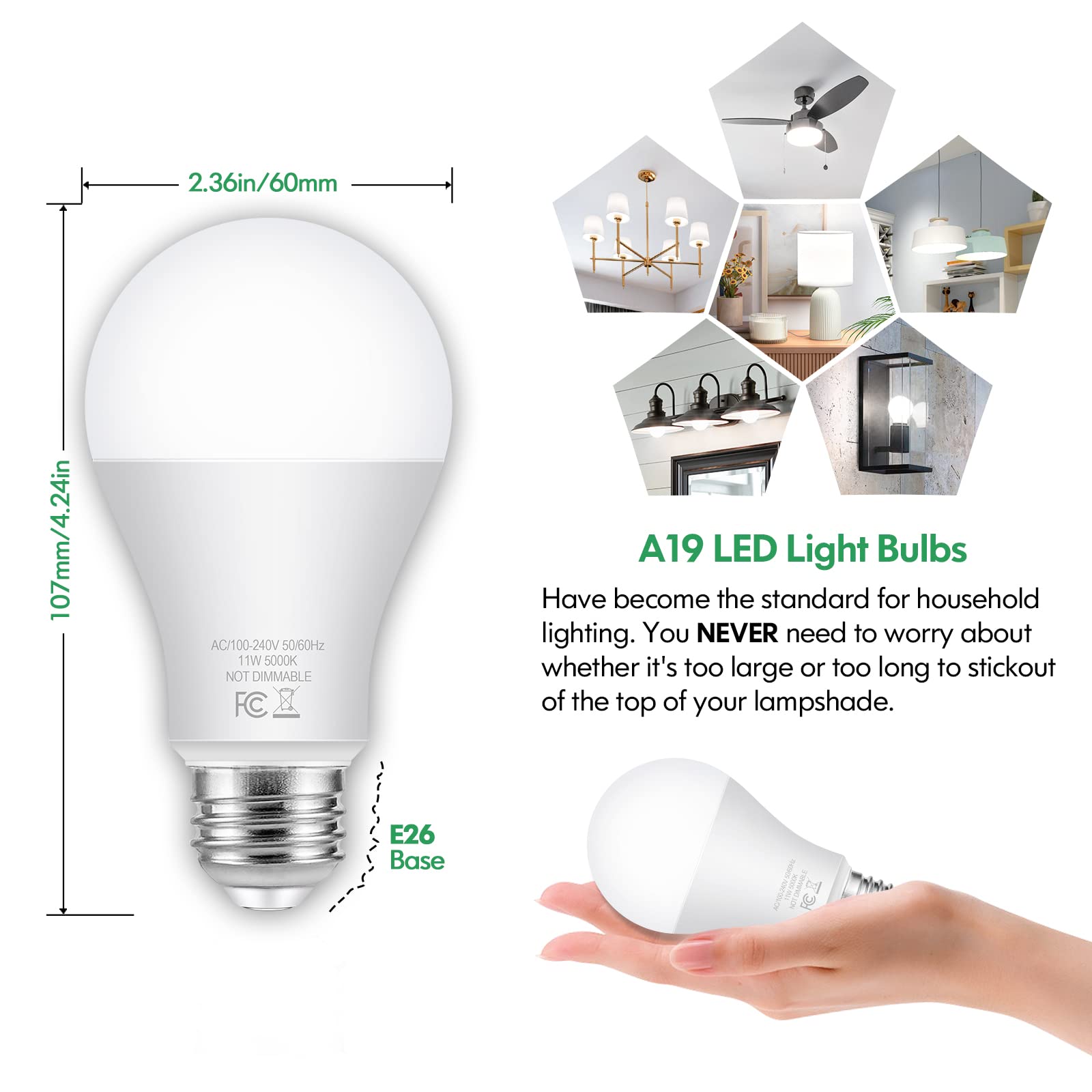 24-Pack Led Light Bulbs 100 Watt Equivalent A19 Daylight White 5000K, No Flicker Standard E26 Edison Medium Screw Base Bulbs, 11