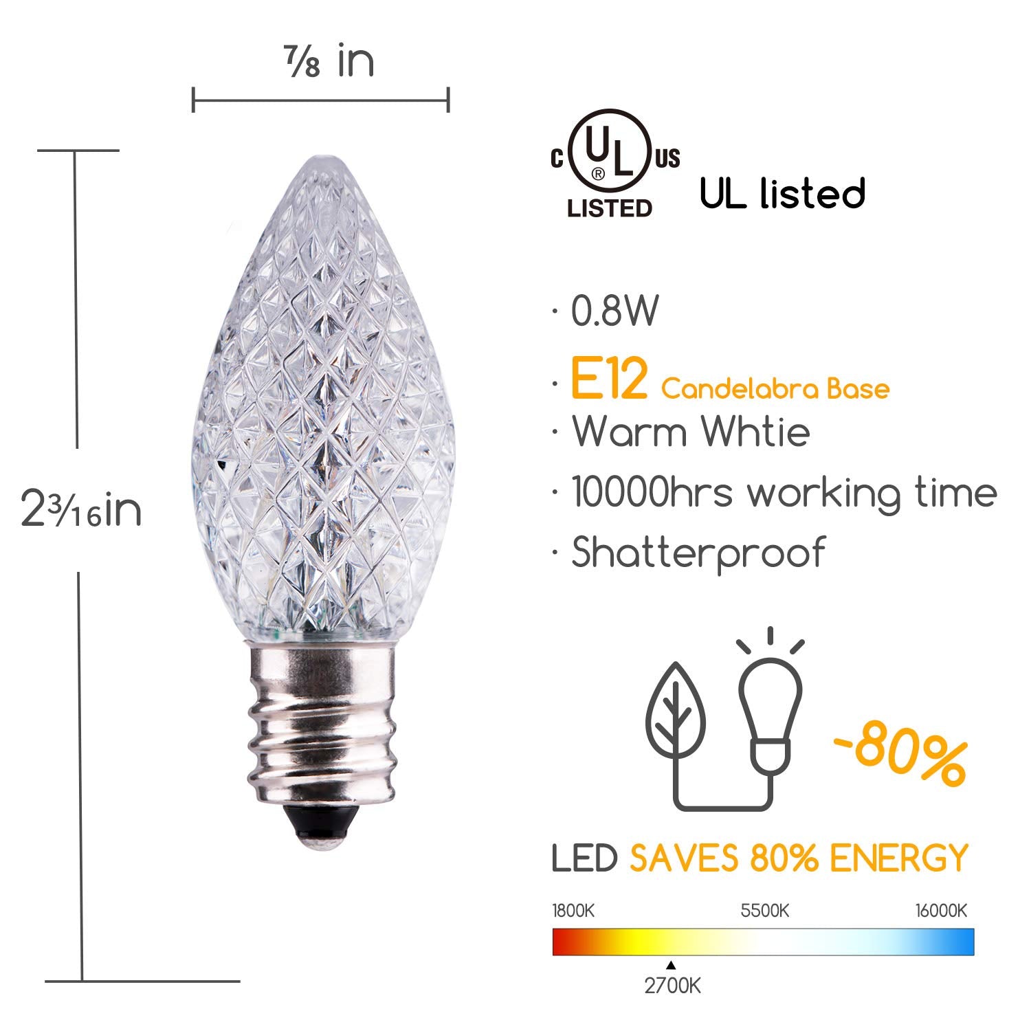 25 Pack C7 Led Replacement Christmas Light Bulb, C7 Shatterproof Led Bulbs For Christmas String Lights, E12 Candelabra Base, Commercial Grade Dimmable Holiday Bulbs, Warm White