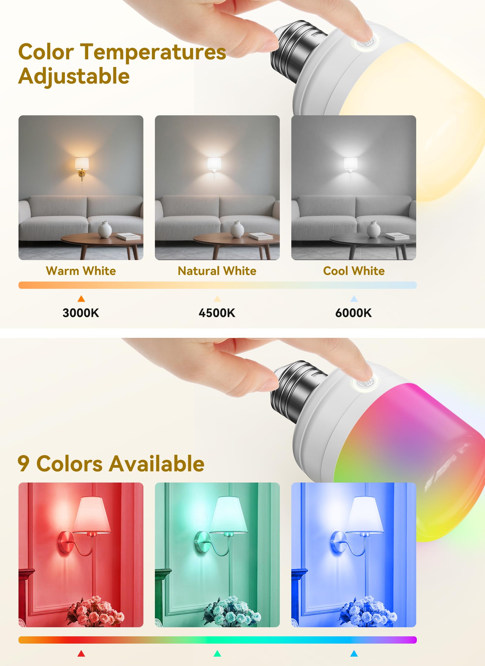 Minetom E26 Rechargeable LED Light Bulbs, Multicolor, Dimmable, 4 Pack, 2300mAh Battery Backup, Remote & Timer for Lamps & Camping