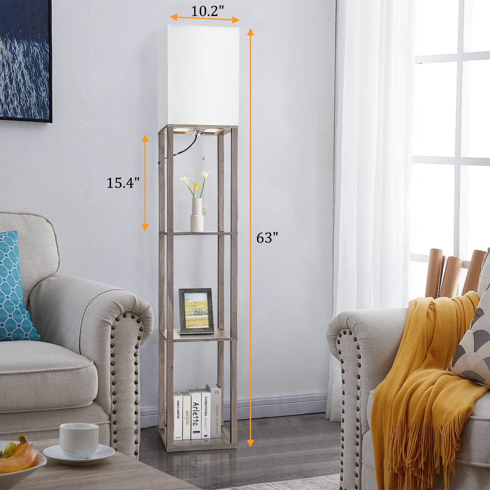 Floor Lamp With Shelves,Wood Corner Floor Lamps For Living Room Tables With 3 Cct Led Bulb,Modern Display Bookshelf Nightstand L