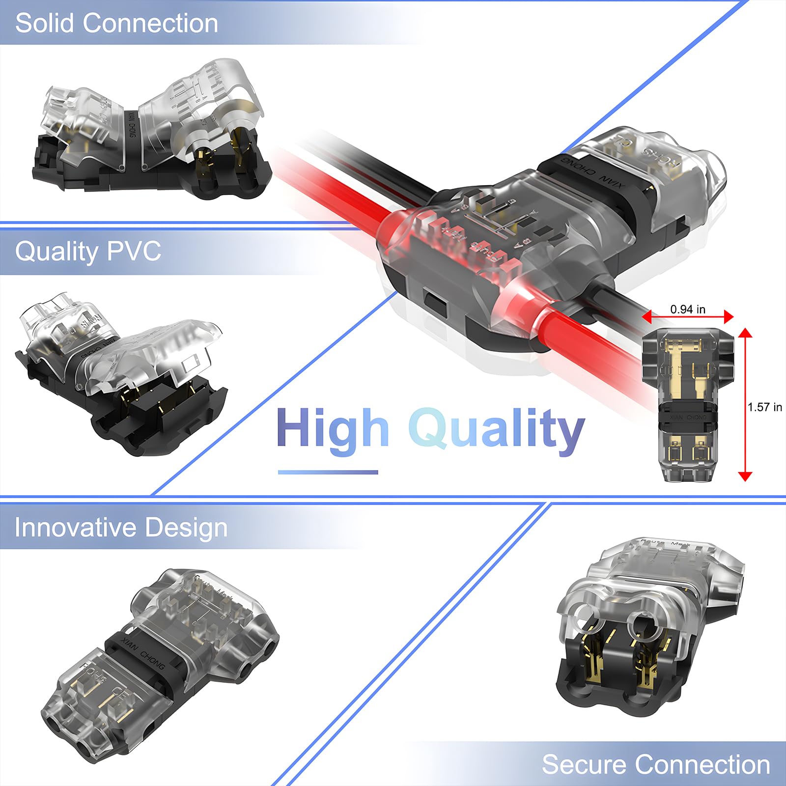 VISDOLL 3 Way T Tap Wire Splitter Connectors - 2 Pin Low Voltage, Solderless, Quick Wire Splice, 14-20 AWG, 10Pcs,