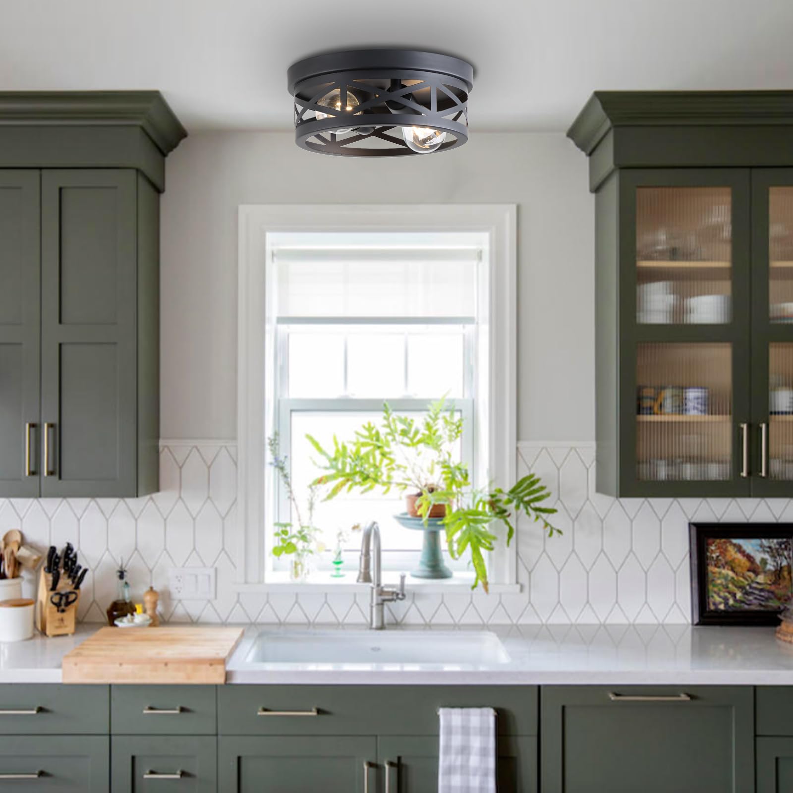 Litaddscen 2 Pack Black Farmhouse Flush Mount Ceiling Light,2-Light Rustic Hallway Light Fixtures,Industrial Lighting Fixtures C