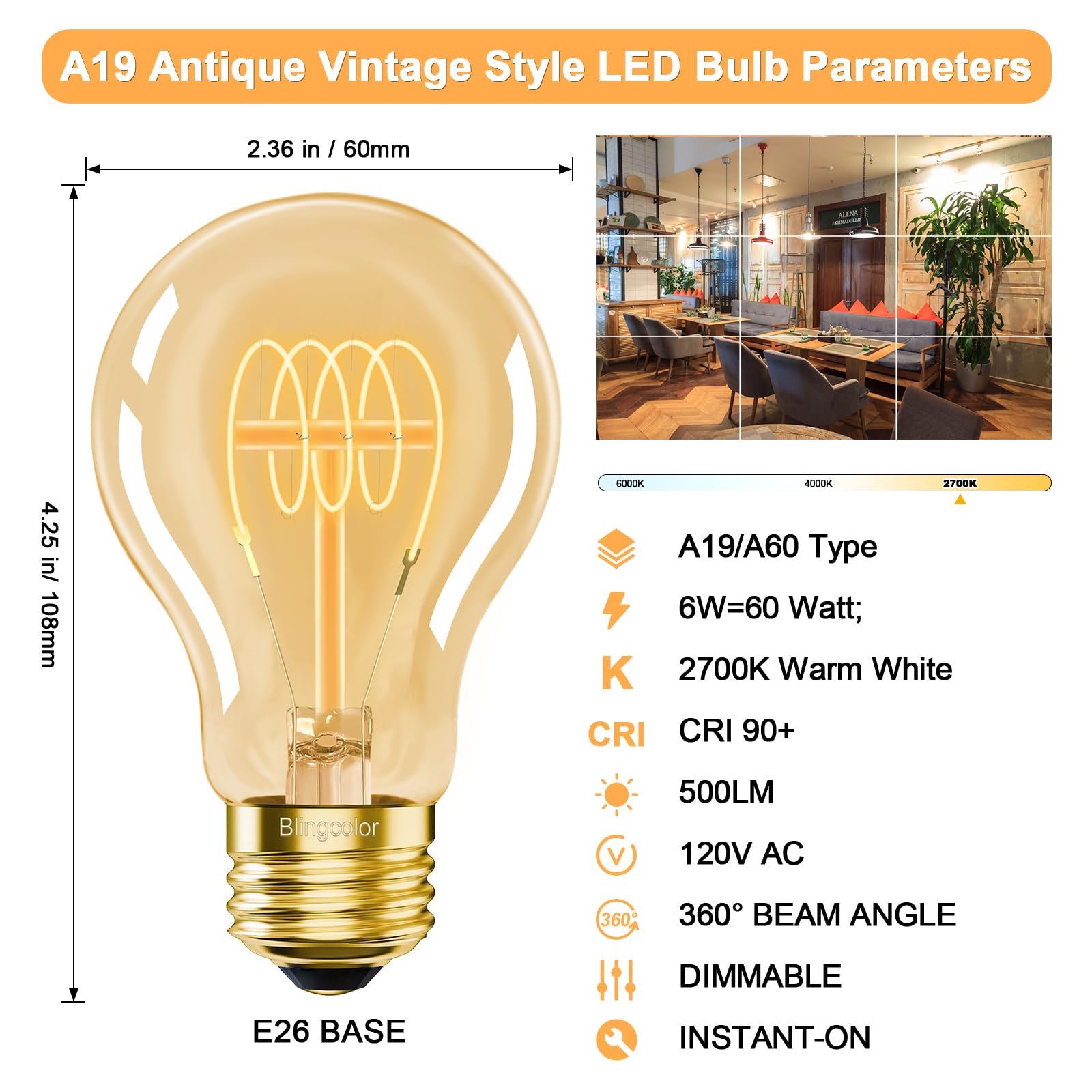 Blingcolor A19 Vintage Led Edison Bulbs 60 Watt, 4-Pack Dimmable E26 A19 6W Led 2700K Warm White Light Bulbs, E26 Base 6W Equal