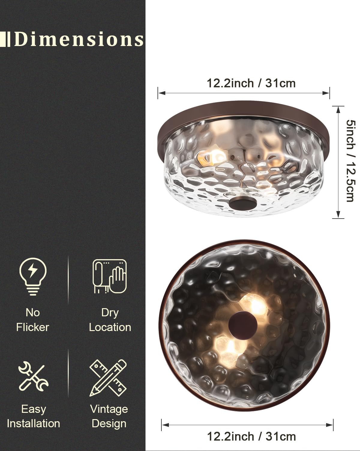 BinoBro 12 Inch Flush Mount Ceiling Light, 2 Light Industrial Fixture, Oil Rubbed Bronze, Model CL23998, Metal & Glass