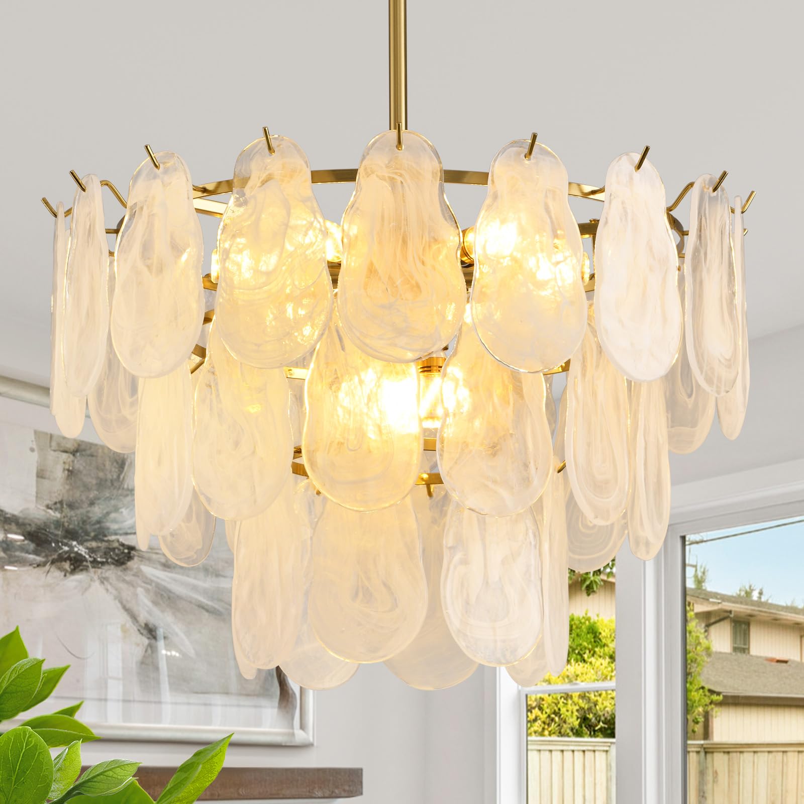 Keluoly Modern Gold Chandelier Lighting, D23.6 Inch Creative Cloud Glass Pendant Ceiling Fixture Lamp, 3 Tier Round Crystal Glas