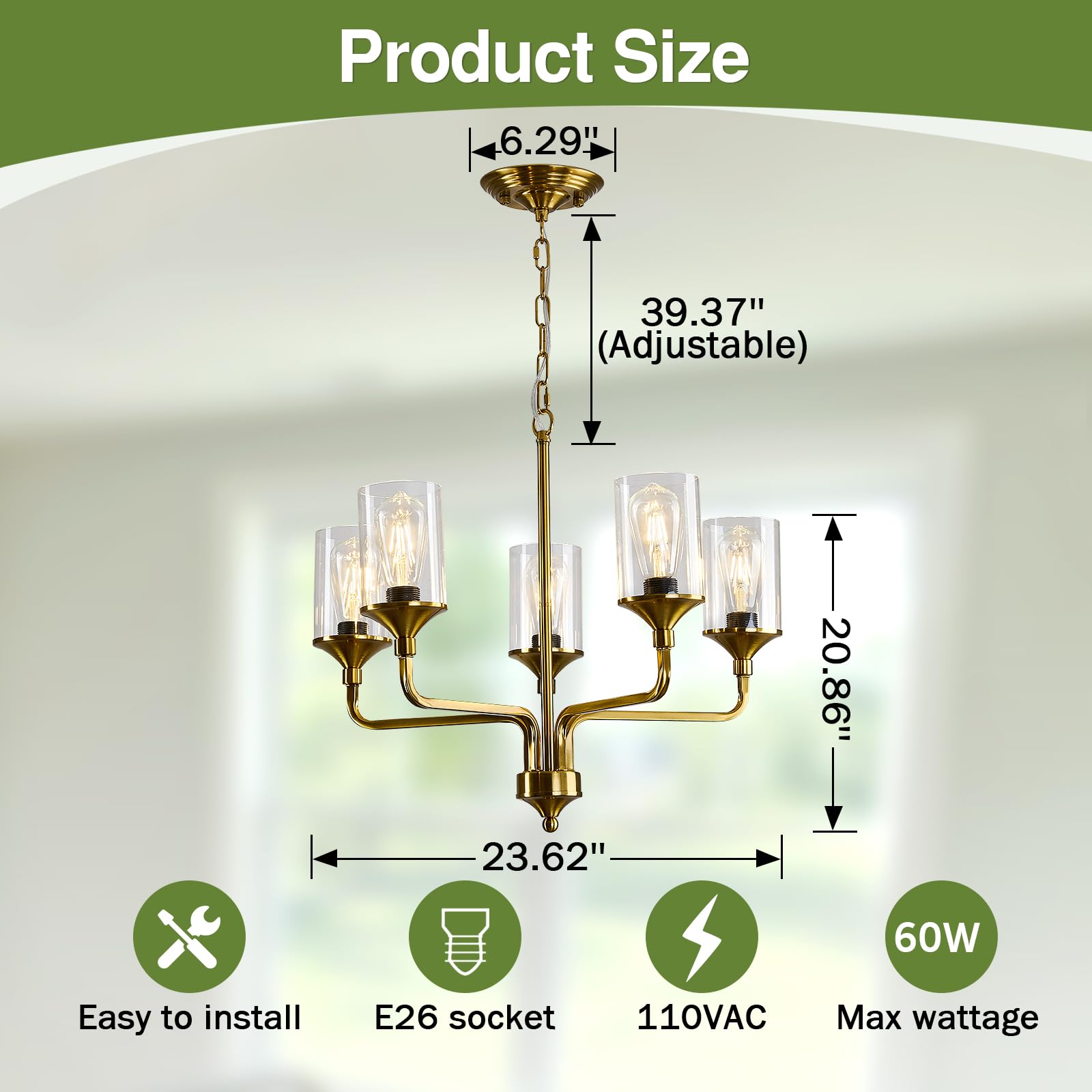 Szxykeji Gold 5-Lights Glass Chandelier Rustic Metal Pendant Lighting Ceiling Light Fixtures Hanging For Farmhouse Kitchen Livin