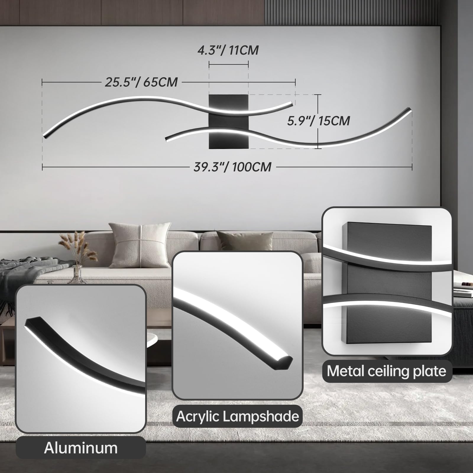 CANEOE Modern LED Wall Light Sconce, 39" Black Aluminum, Cool White 6000K, Ideal for Bathroom, Living Room, Hallway, Bedroom