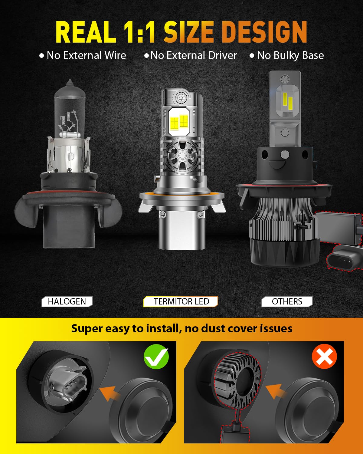 Termitor H13/9008 Light Bulbs, 70000LM Super Bright, 6500K Cool White, Hi/Low Beam, 70000+ Hours, Plug N Play, Pack