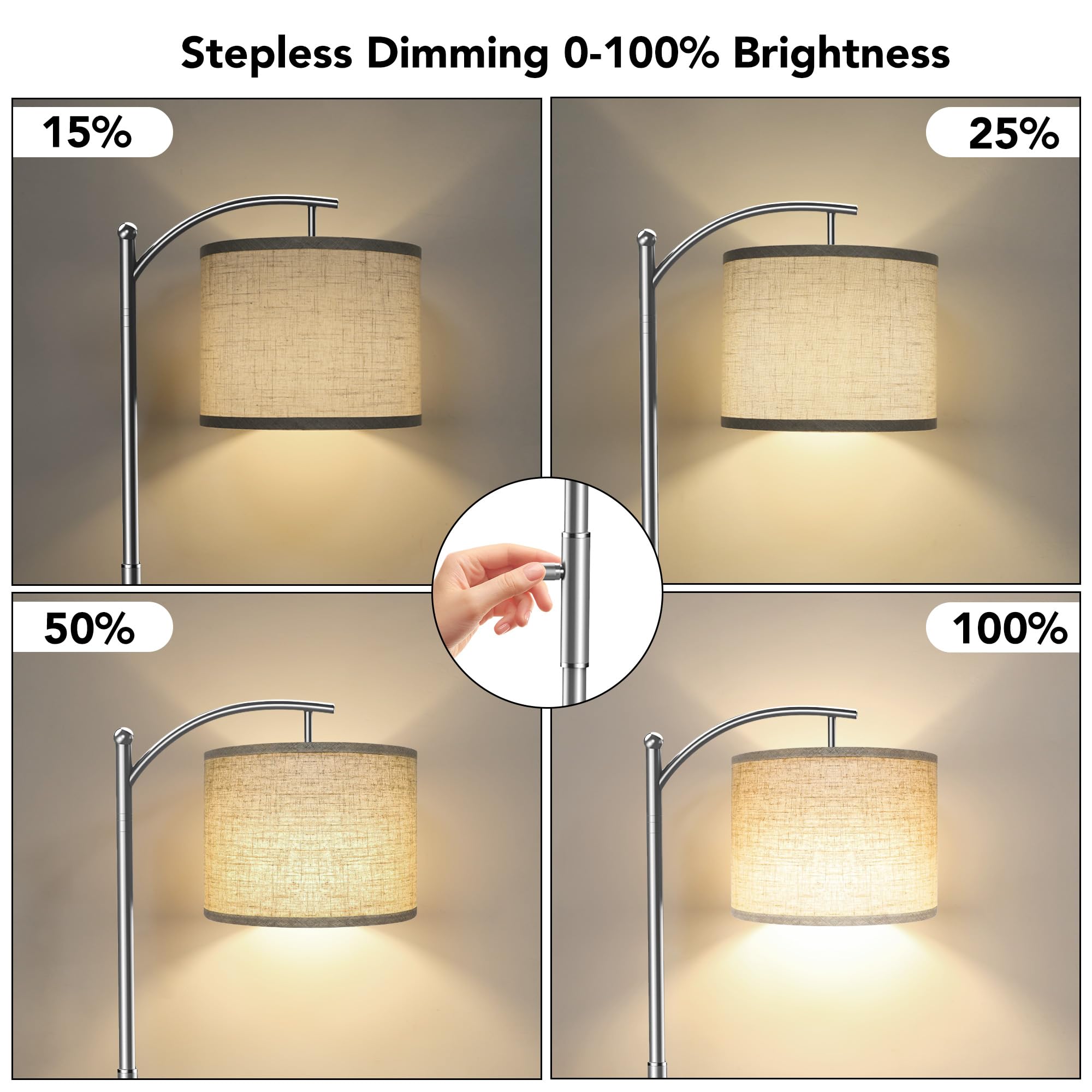 Rottogoon Dimmable Floor Lamp, Arc Floor Lamps For Living Room, Stepless Dimming Modern Standing Lamp With Linen Shade, Tall Lam