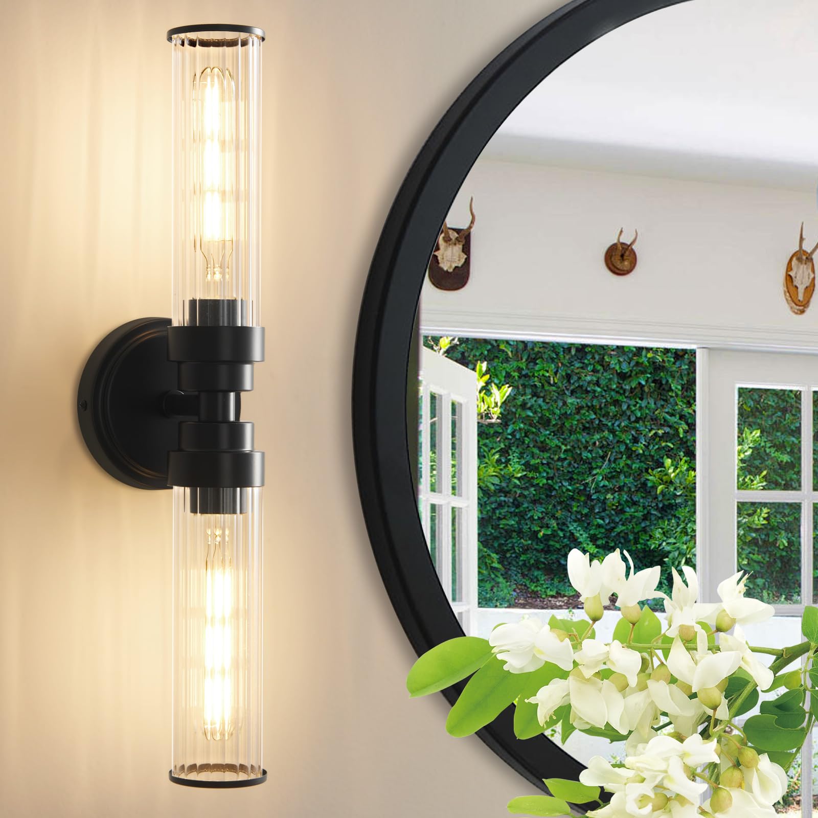 Vaziden Bathroom Light Fixtures  Black Wall Sconce In Threaded Glass Indoor Vanity Lights  Modern Bathroom Vanity Light Up And Down Sconces Wall Lighting For Bathroom  Living Room - Bulb Not Included