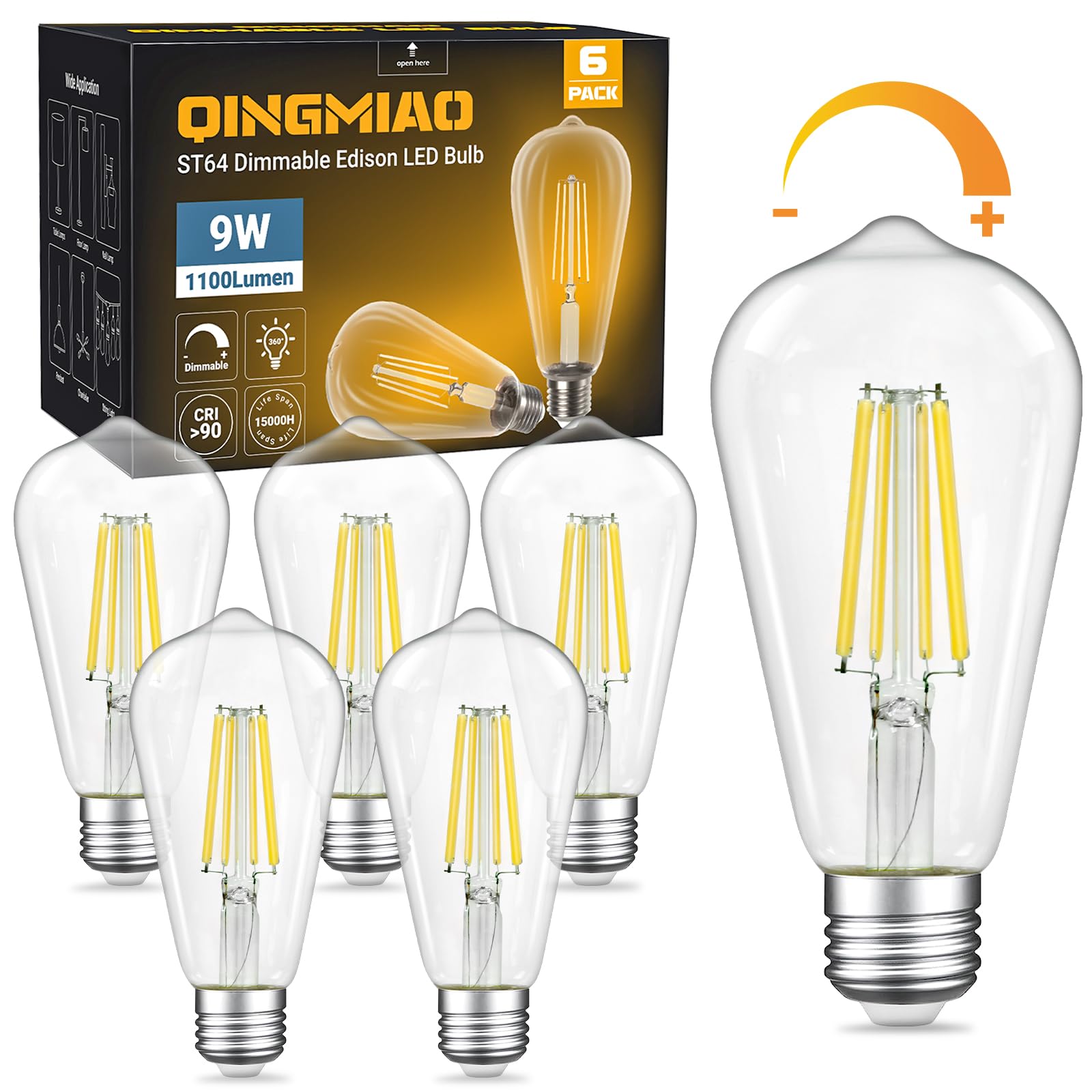 Dimmable Led Edison Bulbs 9W (80 Watt Equivalent) 1100 Lumens, 4000K Daylight White, St64 E26 Base Led Light Bulbs, Vintage Clea