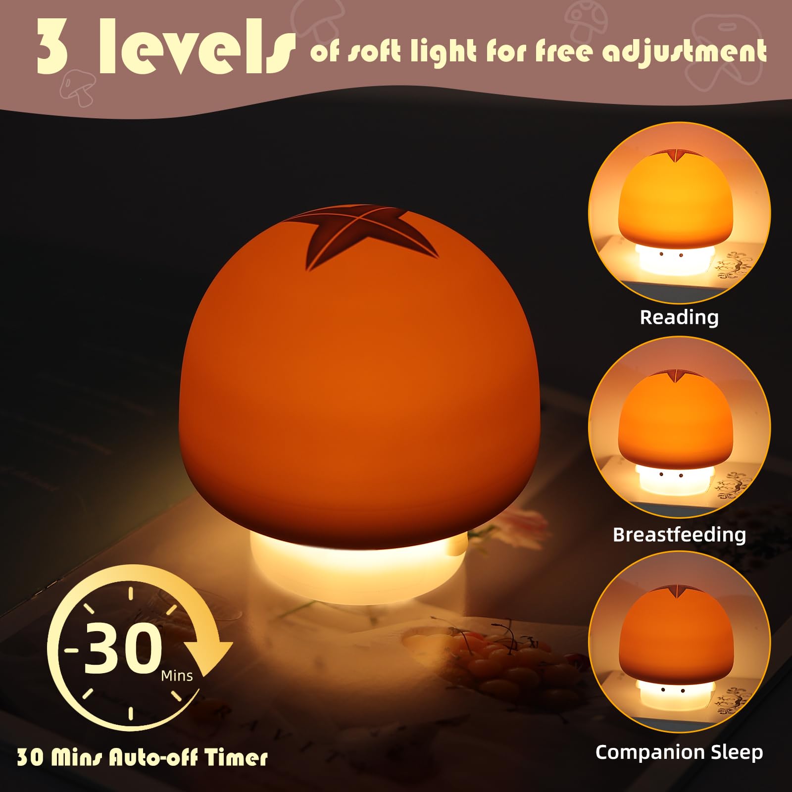 YISUN Mushroom Night Light, Rechargeable LED Lamp, 3 Level Dimmable, Cute Silicone, Brown, Model A021