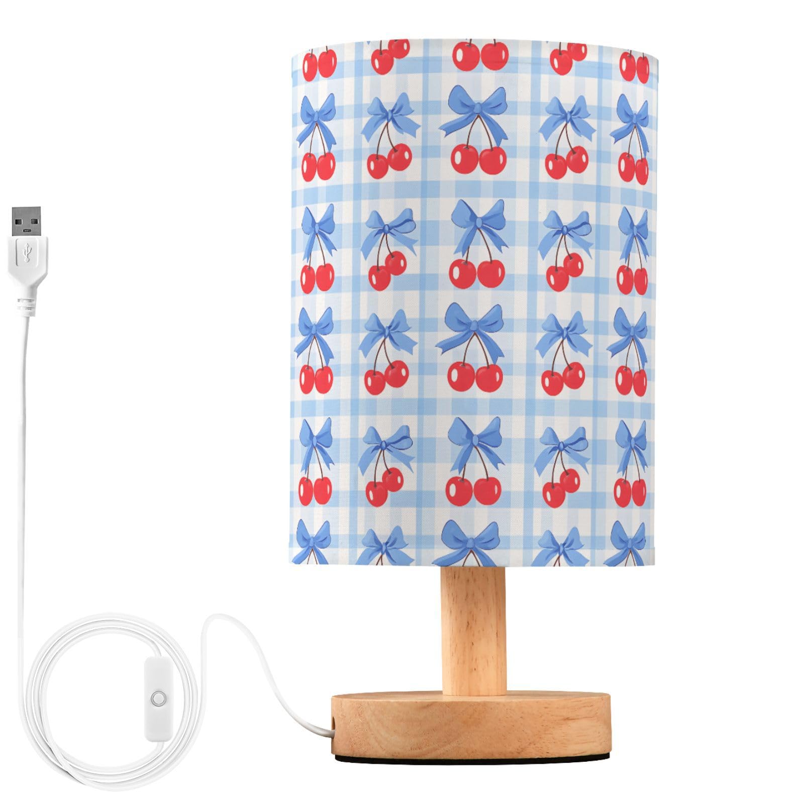 ALAZA Cherry Blue Bow Plaid Decor Bedside Table Lamp with USB Port for Bedroom Nightstand Office Desk LED Bulb Included