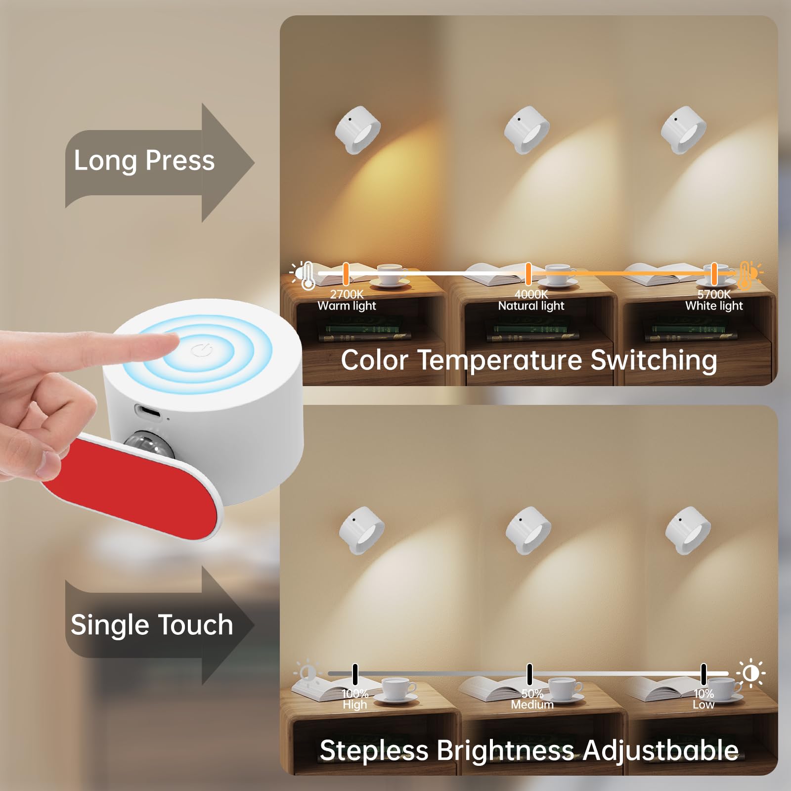 Deyagoo UP&Down LED Wall Sconce, Removable Charging Wall Mounted Lamps with Battery Operated, RGB Ambience Lights, 3 Color Temp,