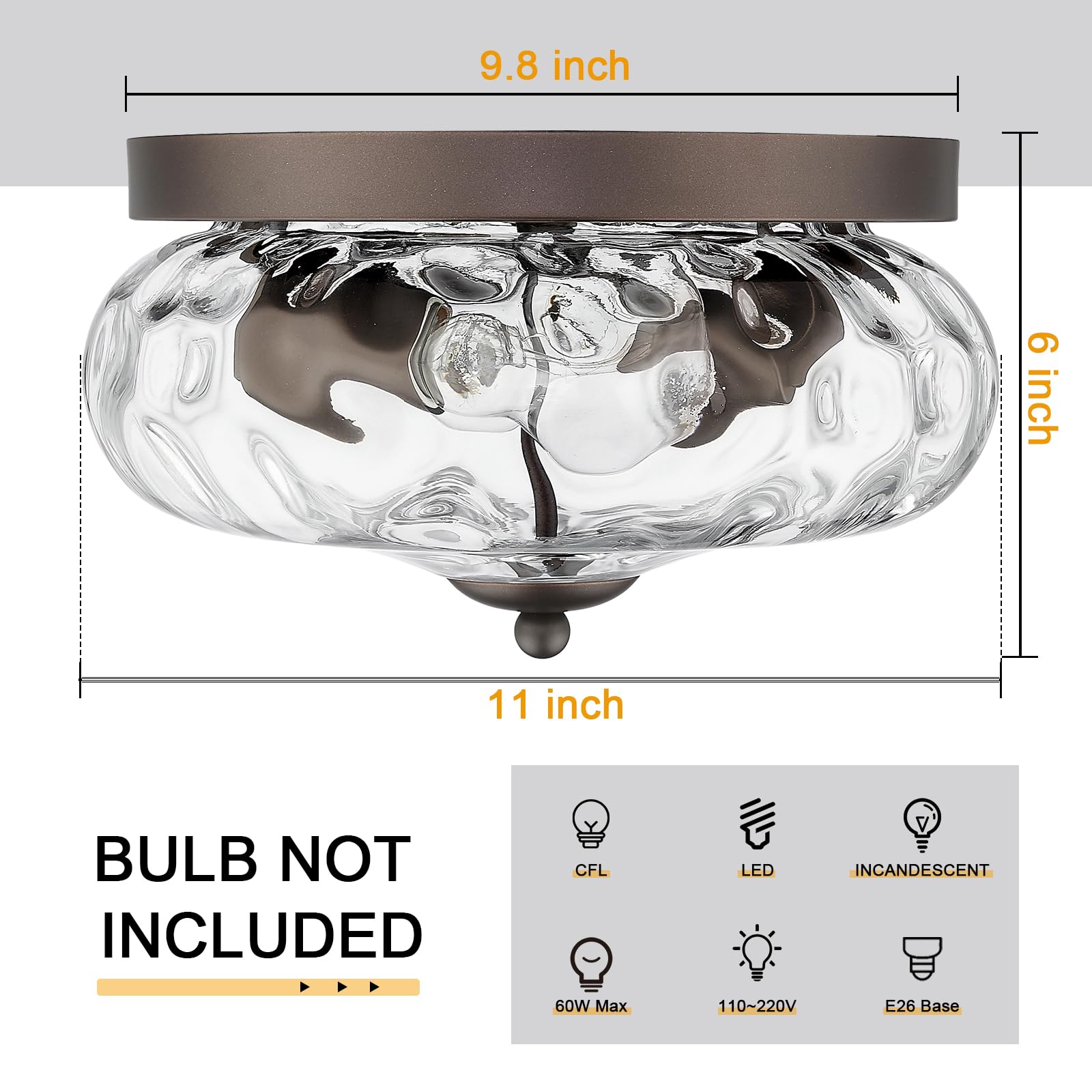 Darkaway Flush Mount Ceiling Light Fixtures, 11inch Water Ripple Glass Shade, Bronze Finish, Model 6T1F ORB+WG for Indoor/Outdoor Use