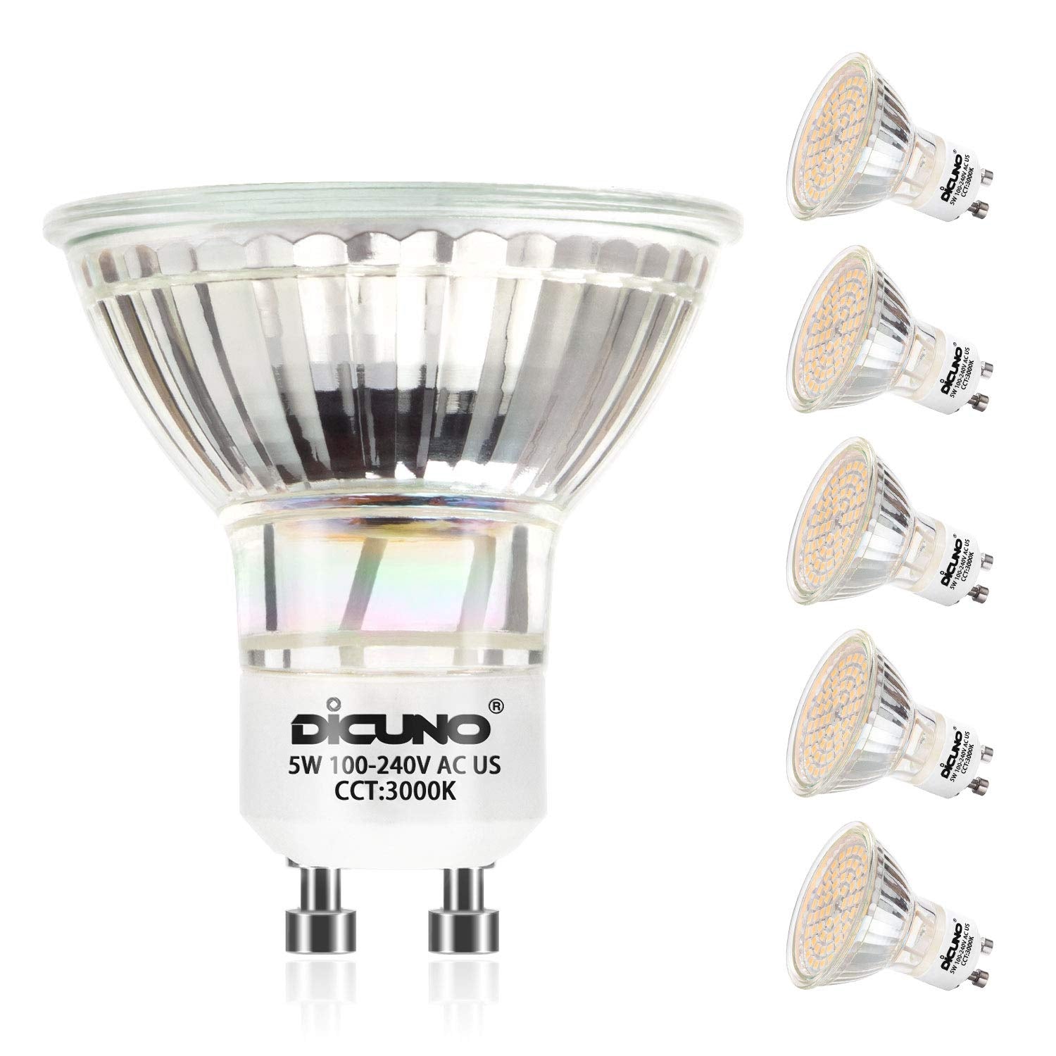 DiCUNO GU10 LED Bulbs 5W Warm White 3000K  500lm  120 Degree Beam Angle  Spotlight  50W Halogen Bulbs Equivalent  Non-dimmable MR16 LED Light  6-Pack