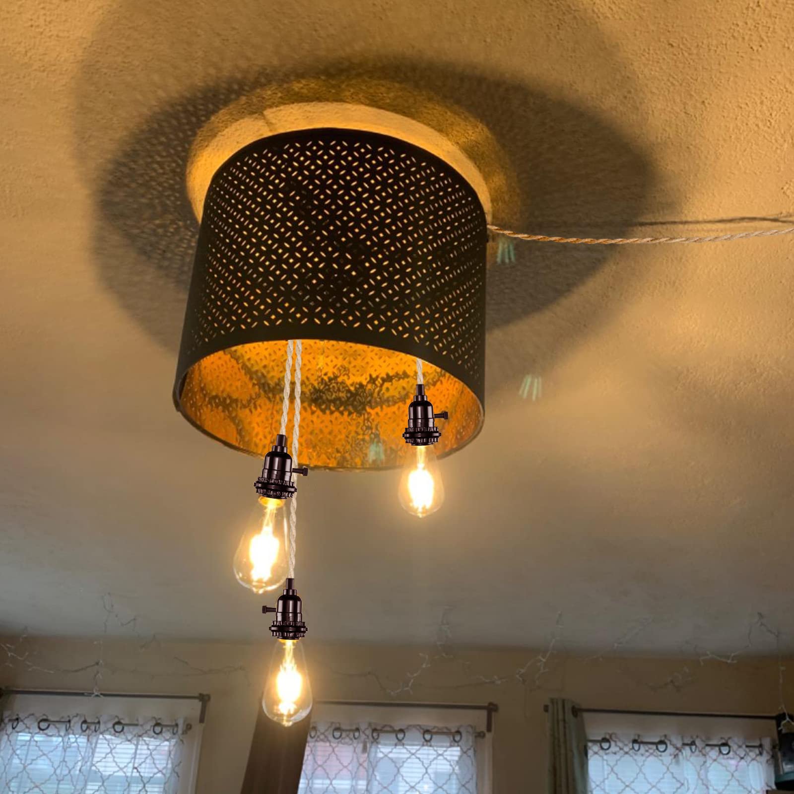 Yeleeino Vintage Triple Pendant Light Cord Kit With Independent Switch, Hemp Rope Pendant Light Plug In, E26 Farmhouse Hanging Lighting Cord Fixture, For Diy Lampshade Cable Loft