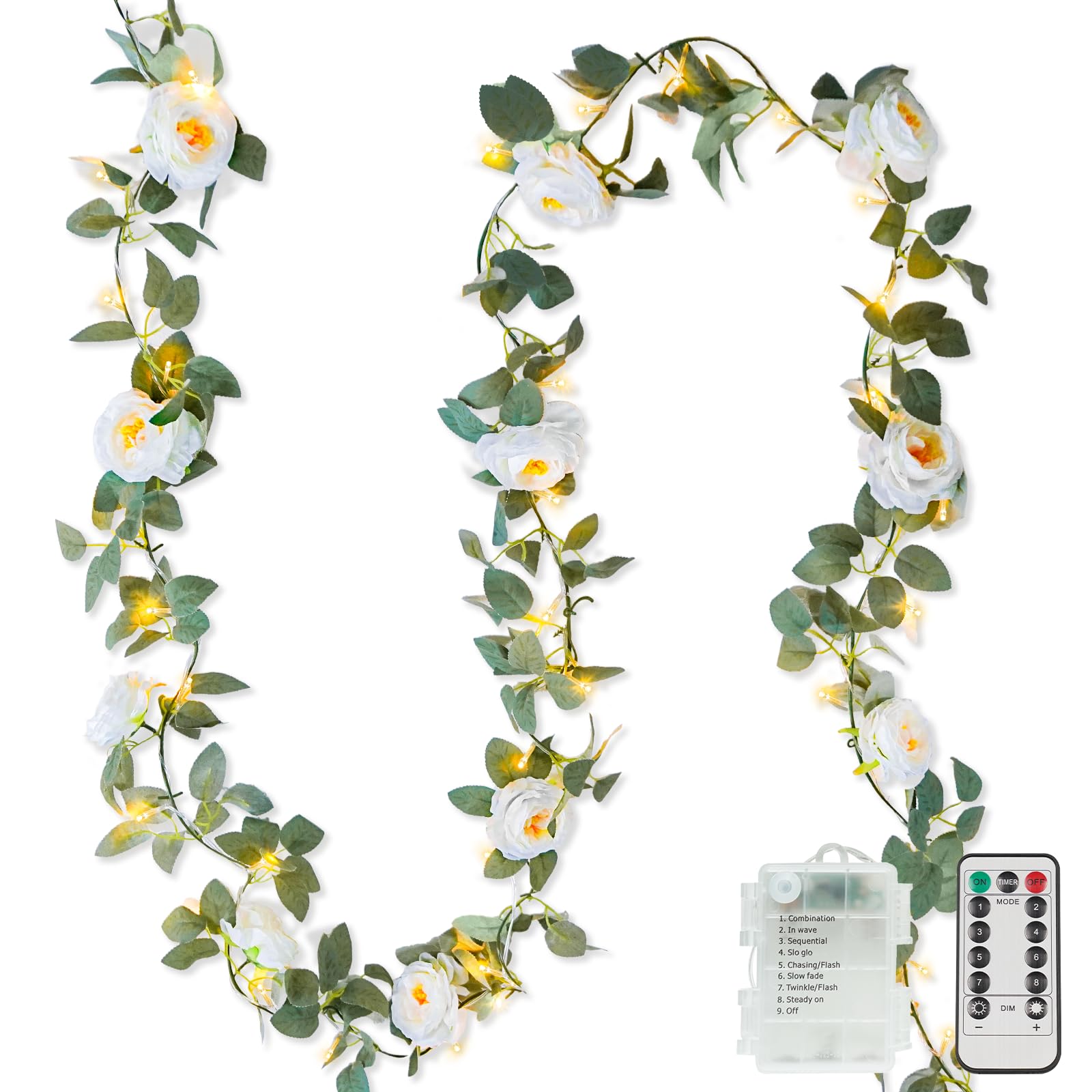 suddus Flower Garland with White Camellia Fairy Lights Indoor  60 LED Vines String Lights Battery Operated with Remote  Artificial Compatible Flowers Leaf Lights for Wedding Bedroom Centerpieces Arch Decor
