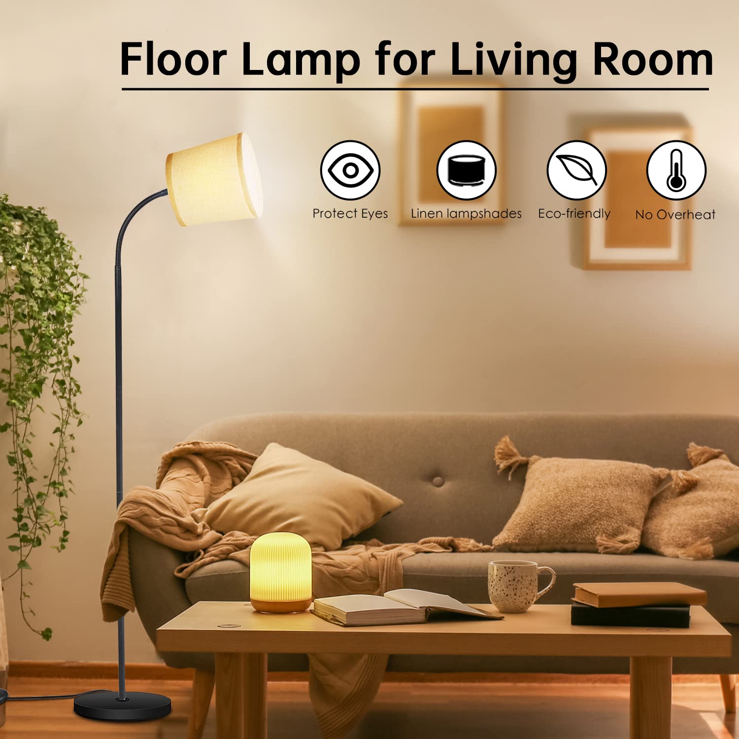 Auquee Led Floor Lamp With Adjustable Gooseneck, Beige Linen Shade, 12W Bulb Included