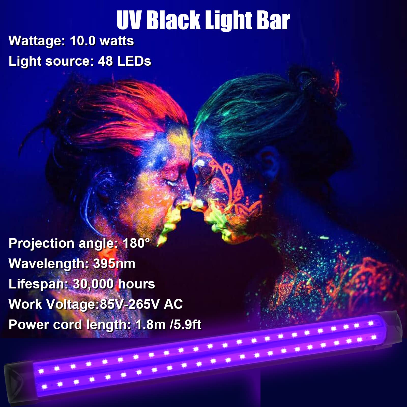 BOSITE 10W UV Black Light Bars - 2 Pack, 1Ft, Aluminum, Linkable with Cord & Switch, 395-400nm, Ideal for Parties & Posters