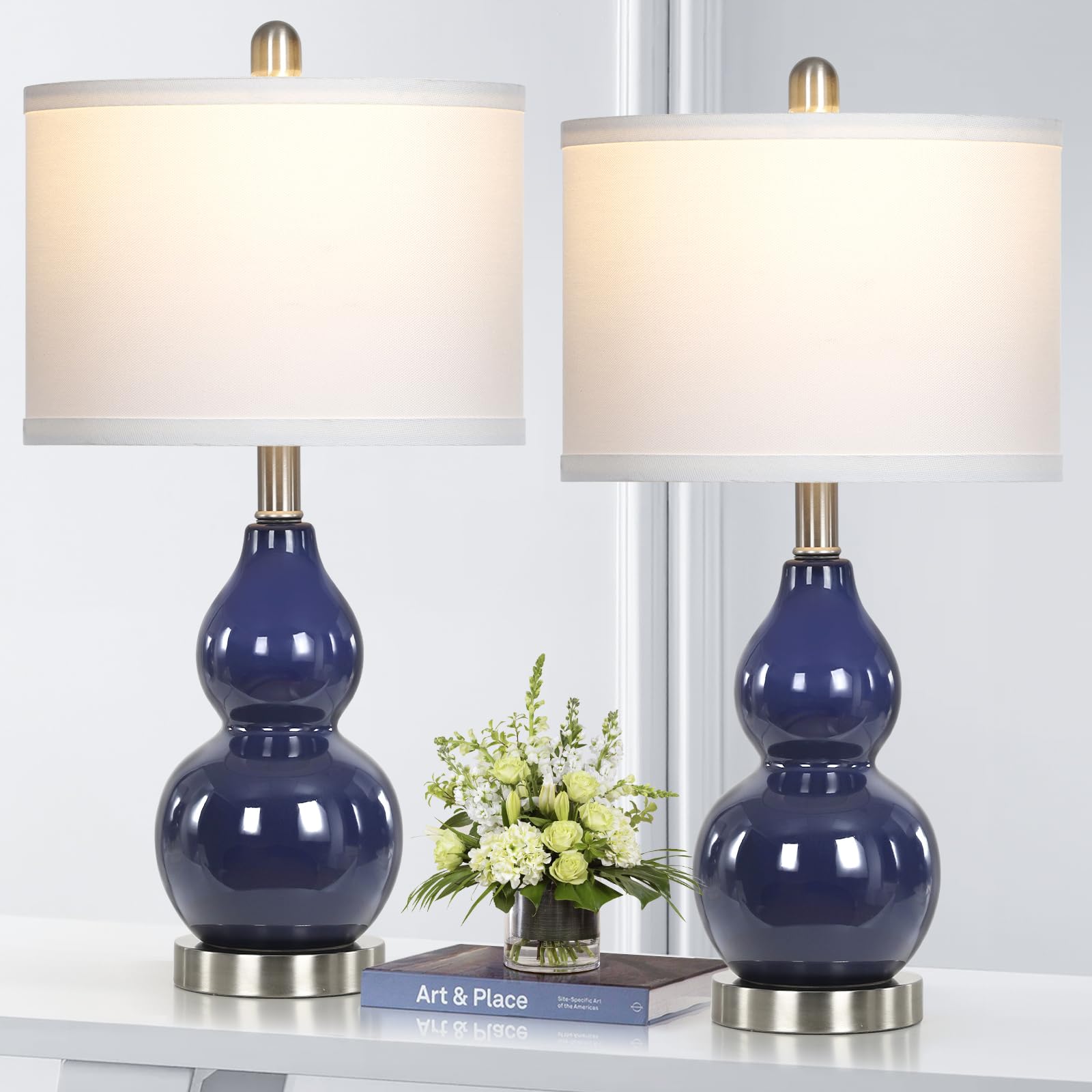 Rinweey Double Gourd Ceramic Table Lamps Set of 2, Modern Navy Blue Bedside Lamps for Night Stand, Contemporary Nightstand Lamps