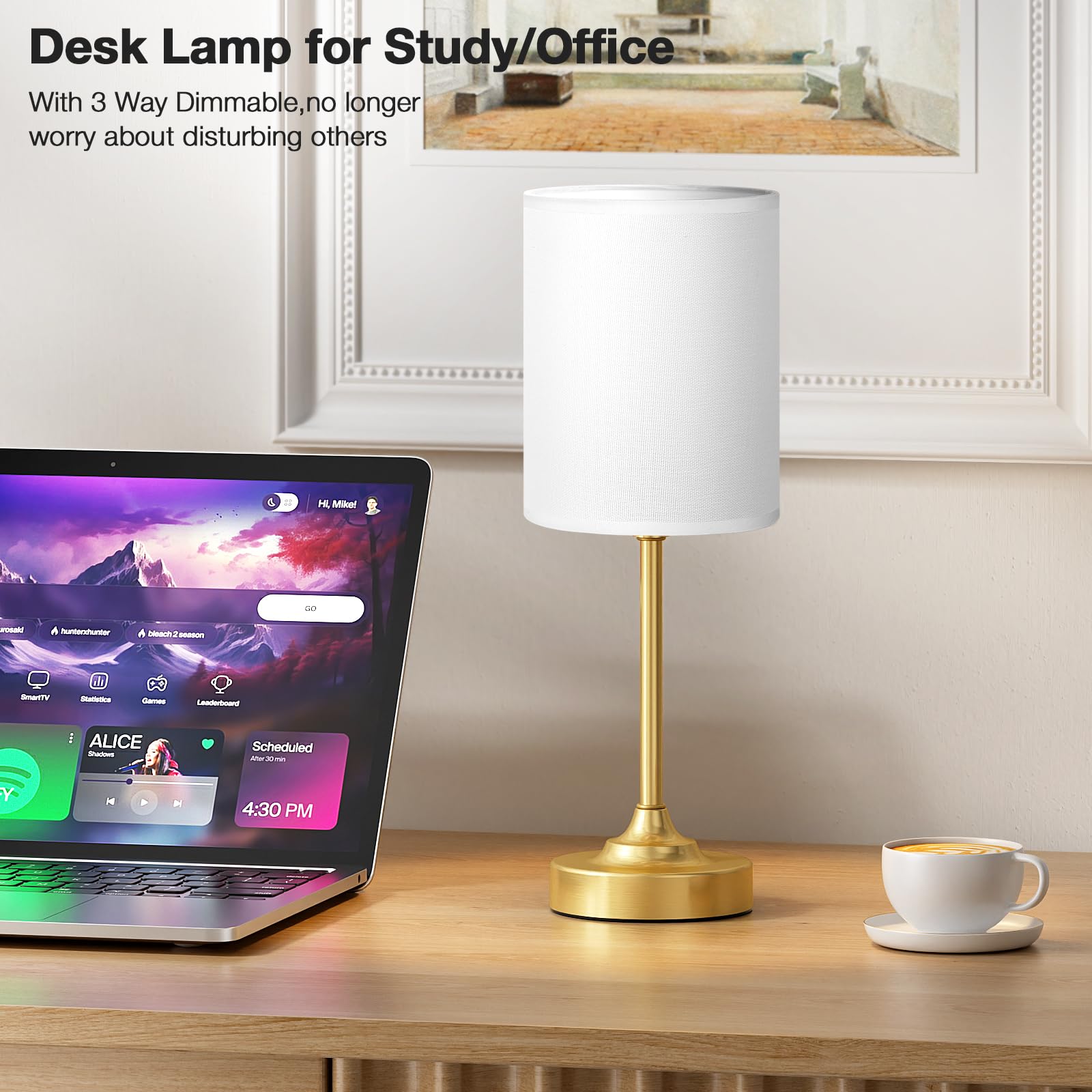 Dicoool Touch Bedside Table Lamp - 3 Way Dimmable, 14.6in, Metal and Fabric, White Shade - Gold Base, Model 15-22
