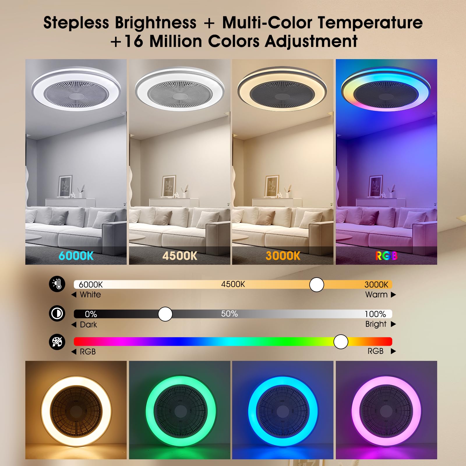 BESTECCT Smart WiFi & Bluetooth 20" RGB Ceiling Fan with Lights, Remote, 3000K-6000K, White, Model CLF40-white0003