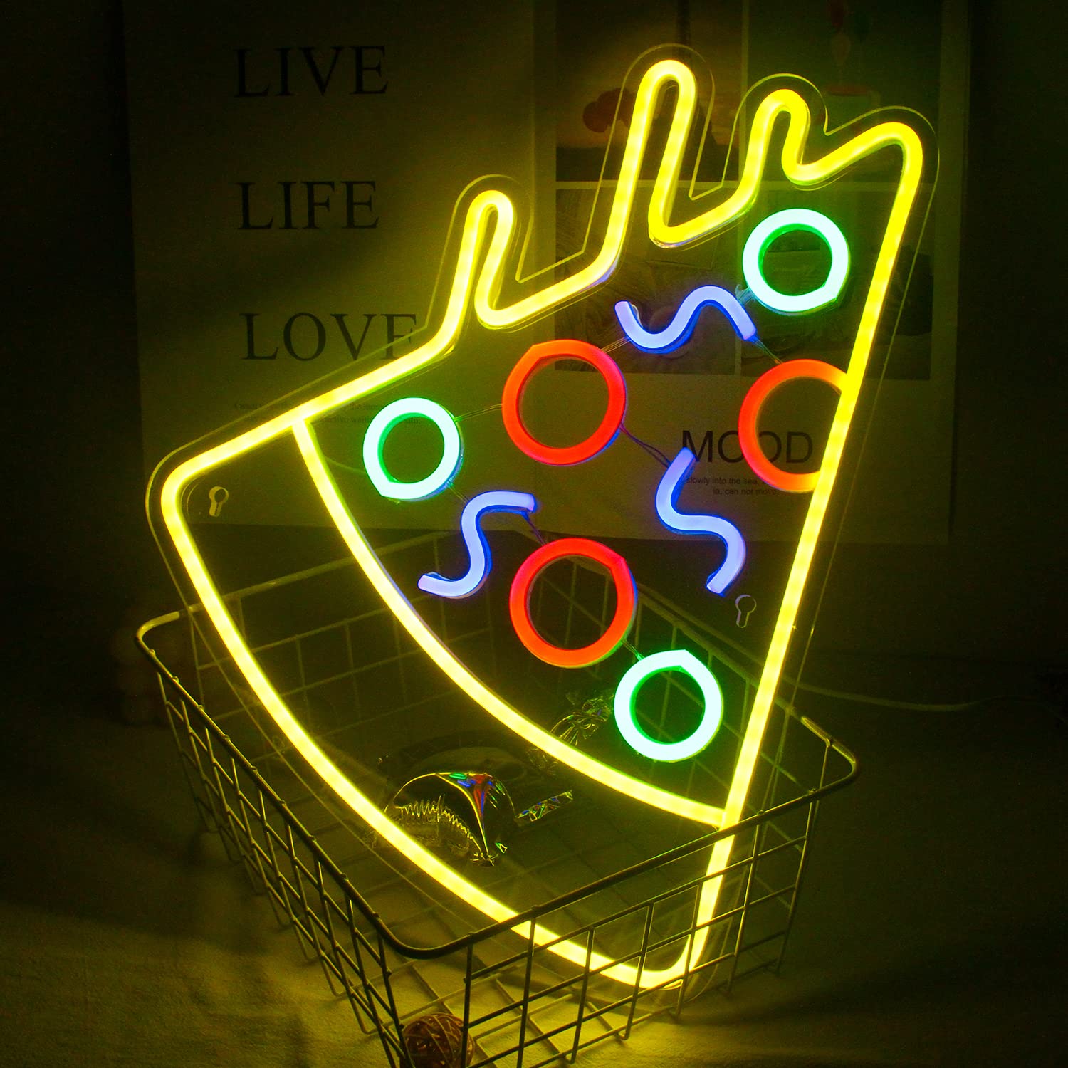 ineonlife Pizza Shaped Neon Sign USB Powered LED Wall Decor 16x14 inches Acrylic Pizza-Yellow Model NS87