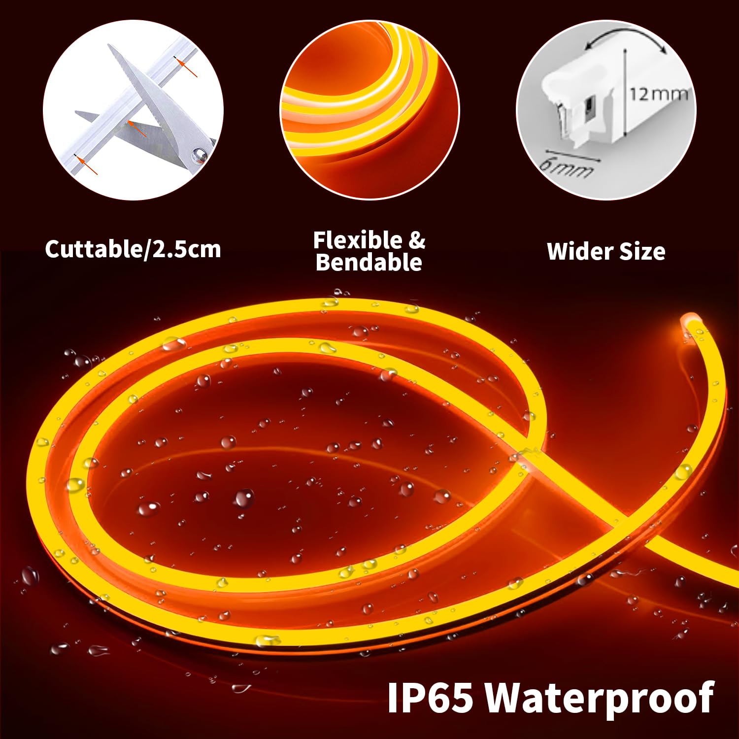 iNextStation 16.4ft Orange Neon LED Strip Lights, Waterproof Silicone, Flexible Mood Lighting for Bedroom, Party, DIY Decor