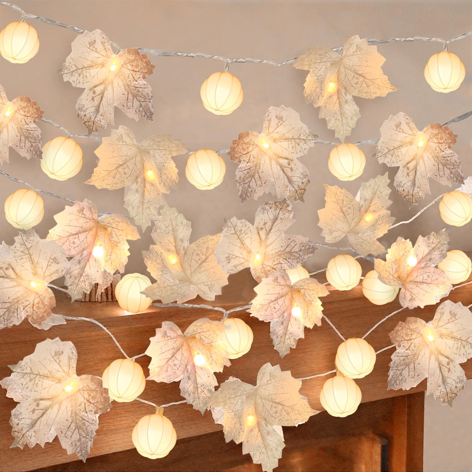Thanksgiving Decorations-3 Pack 60Led Pumpkin Lights Fall Garland With 3D Pumpkin Enlarged Maples Leaf Battery Operated Pumpkin Thanksgiving Decor Autumn Fall Decor For Home Indoor Outdoor Holiday