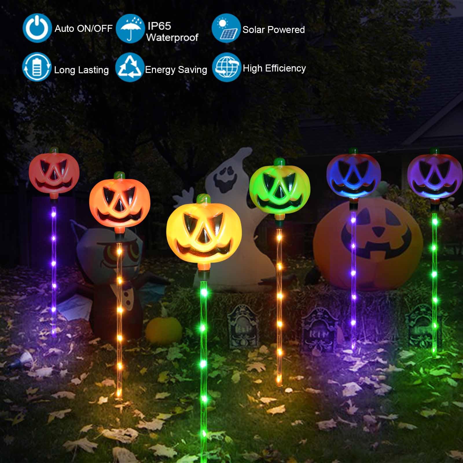 Janchs 6-Pack Solar Halloween Pumpkin Garden Stake Lights - Waterproof Outdoor Decor