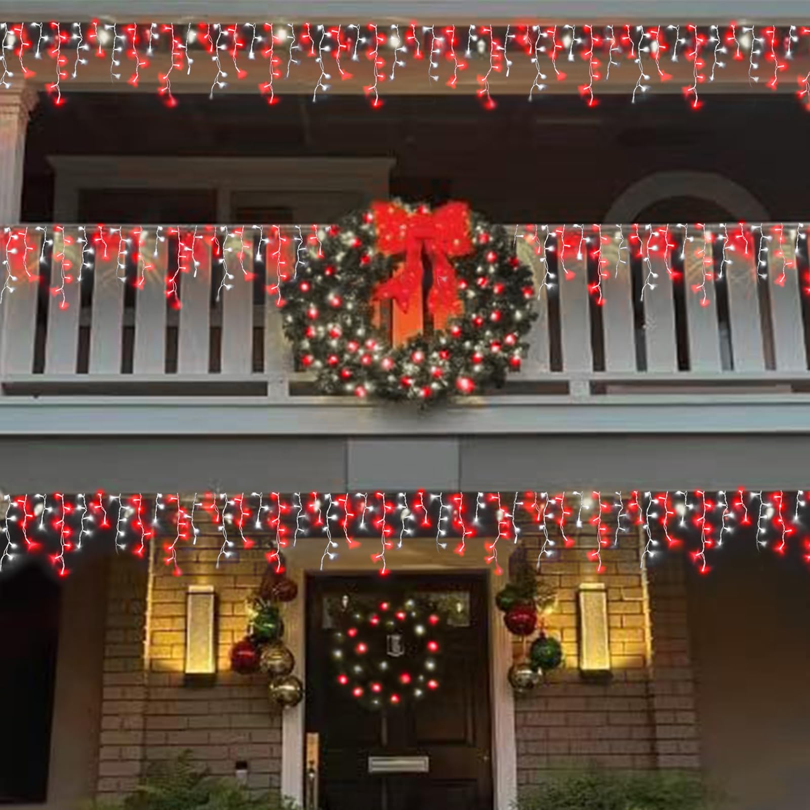 YEGUO 33ft Icicle String Lights, 400 LED, Red and White, Waterproof, 8 Modes, Connectable, Lamp String