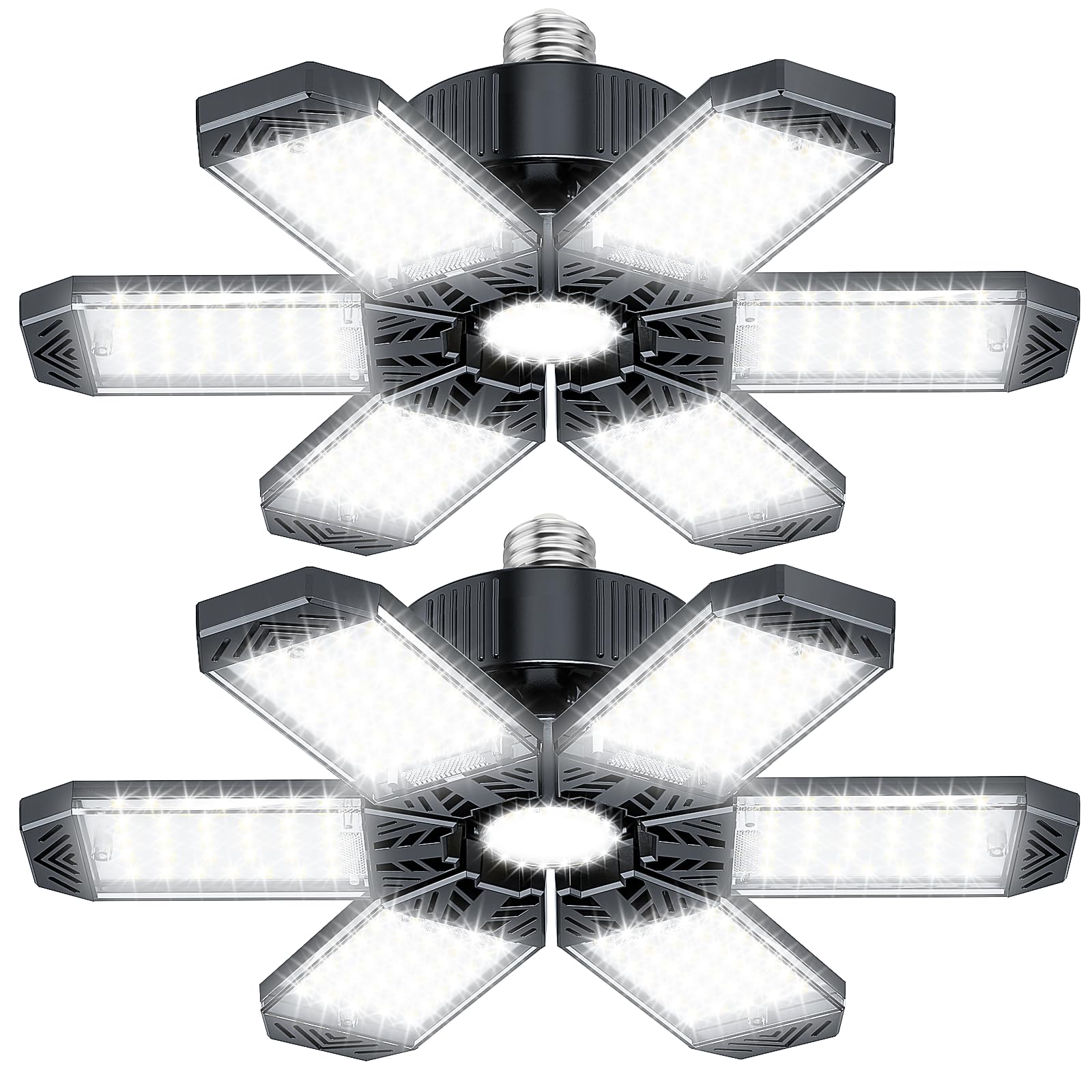 XINGHUANLIT Garage Lighting 2 Pack - 200W 20000LM LED Garage Lights 6500K with 6+1 Adjustable Panel, Screw in E26/E27 Bulb Socke