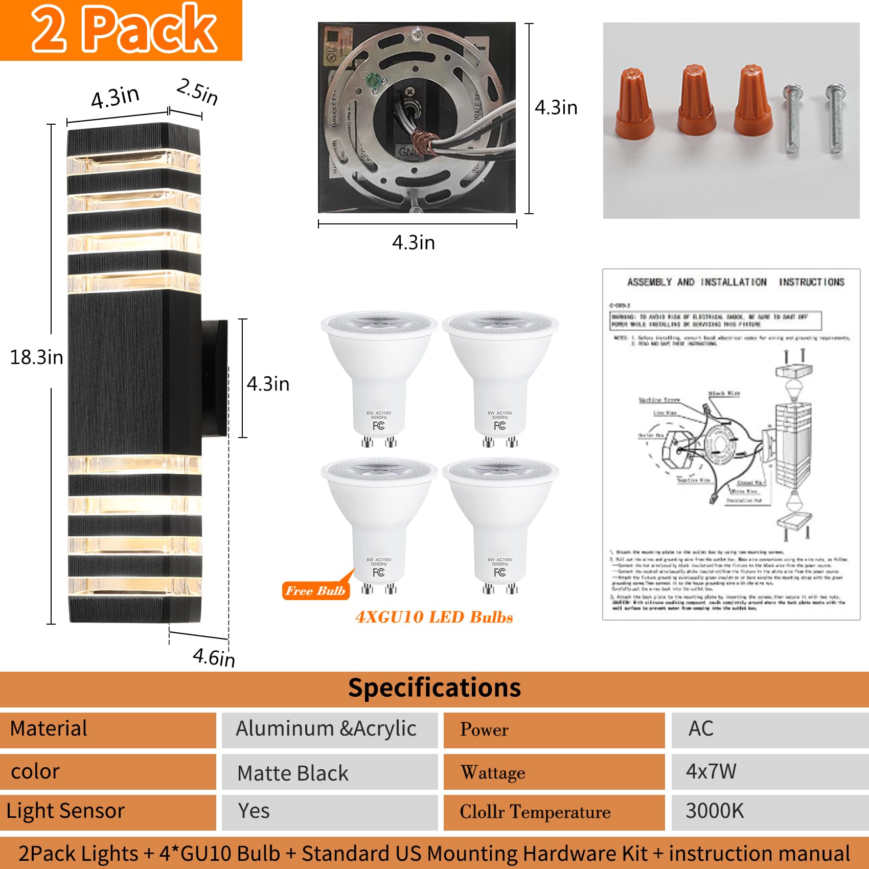 Zsmaiku 18.3&quot; Black 4-Tier Outdoor Wall Light Fixture, Waterproof With 4 Warm White Bulbs