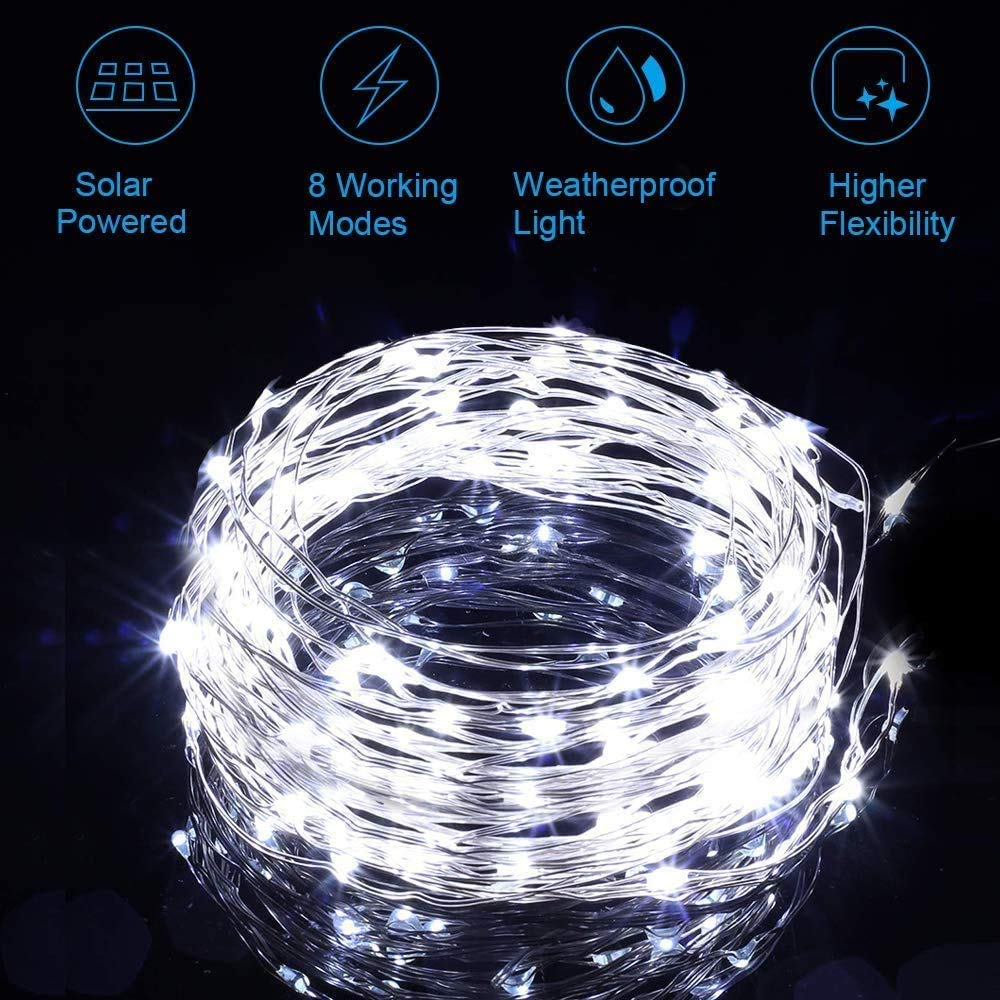Lezonic Solar String Lights - 2 Pack, 240 Led, 24M/80Ft, 8 Modes, Outdoor Copper Wire, Waterproof, White