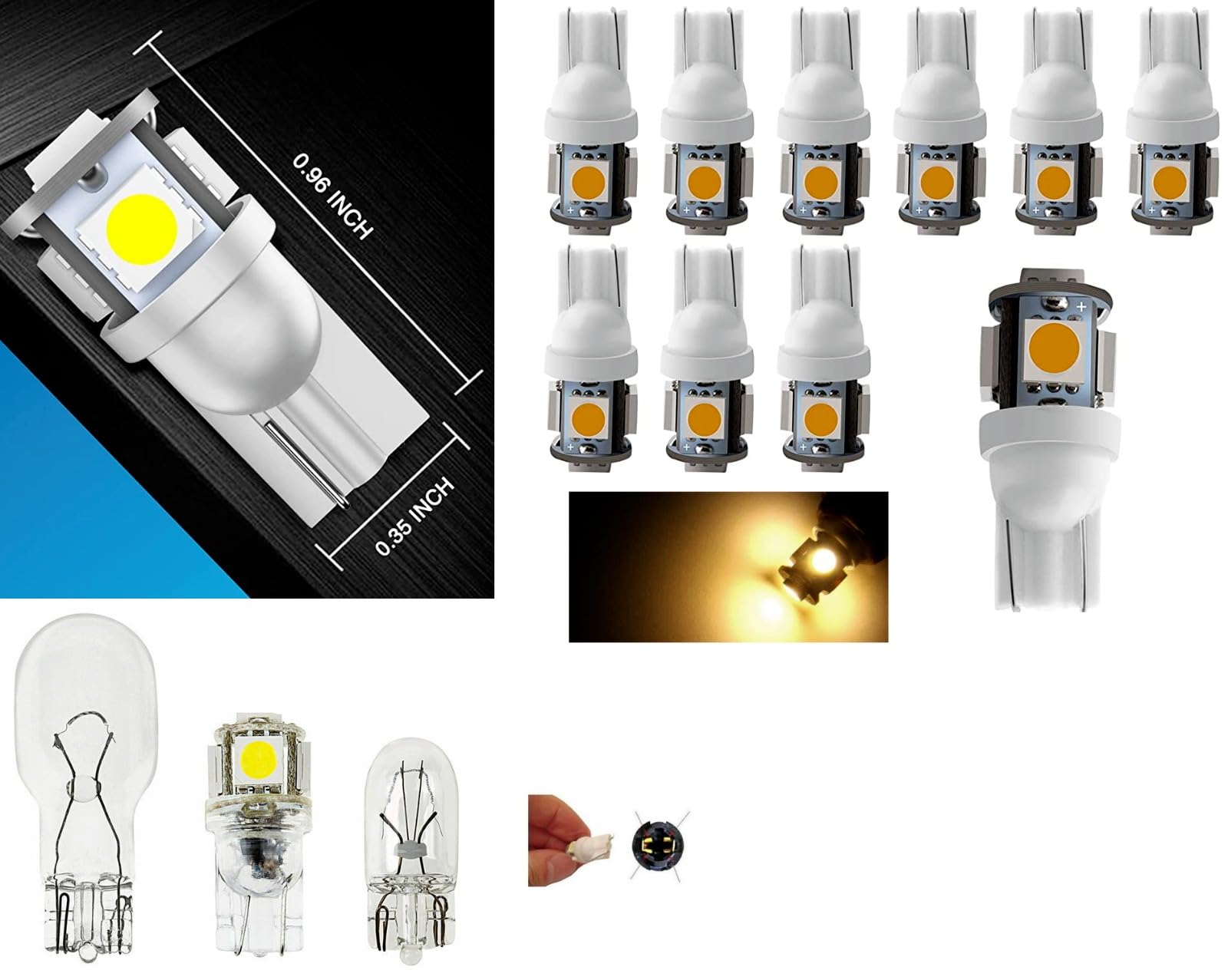 Sago 10X Warm White(Yellowish) Led Replacements For Malibu Landscape Light 5 Led/Smd Per Bulb 194 T10 T5 Wedge Base Work With Bo