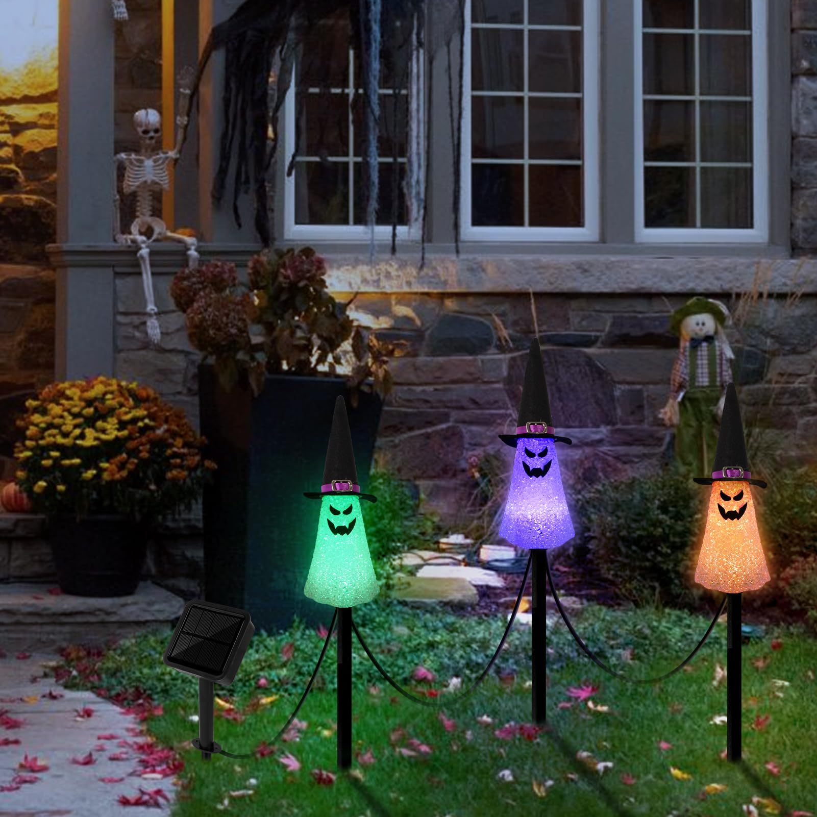Lightshine 3Pcs Ghost Solar Halloween Decorations, Solar Landscape Pathway Lights,Solar Halloween Garden Stakes Lights, Outdoor Halloween Lights Decor For Yard, Patio, Porch (Orange+Purple+Green)