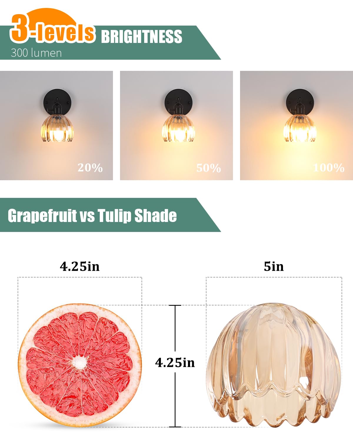 Shenmoyl Vintage Wall Sconce - Battery Operated, Amber Glass Lampshade, Remote Control, Black Base, Model 1-93316, 1 Pack