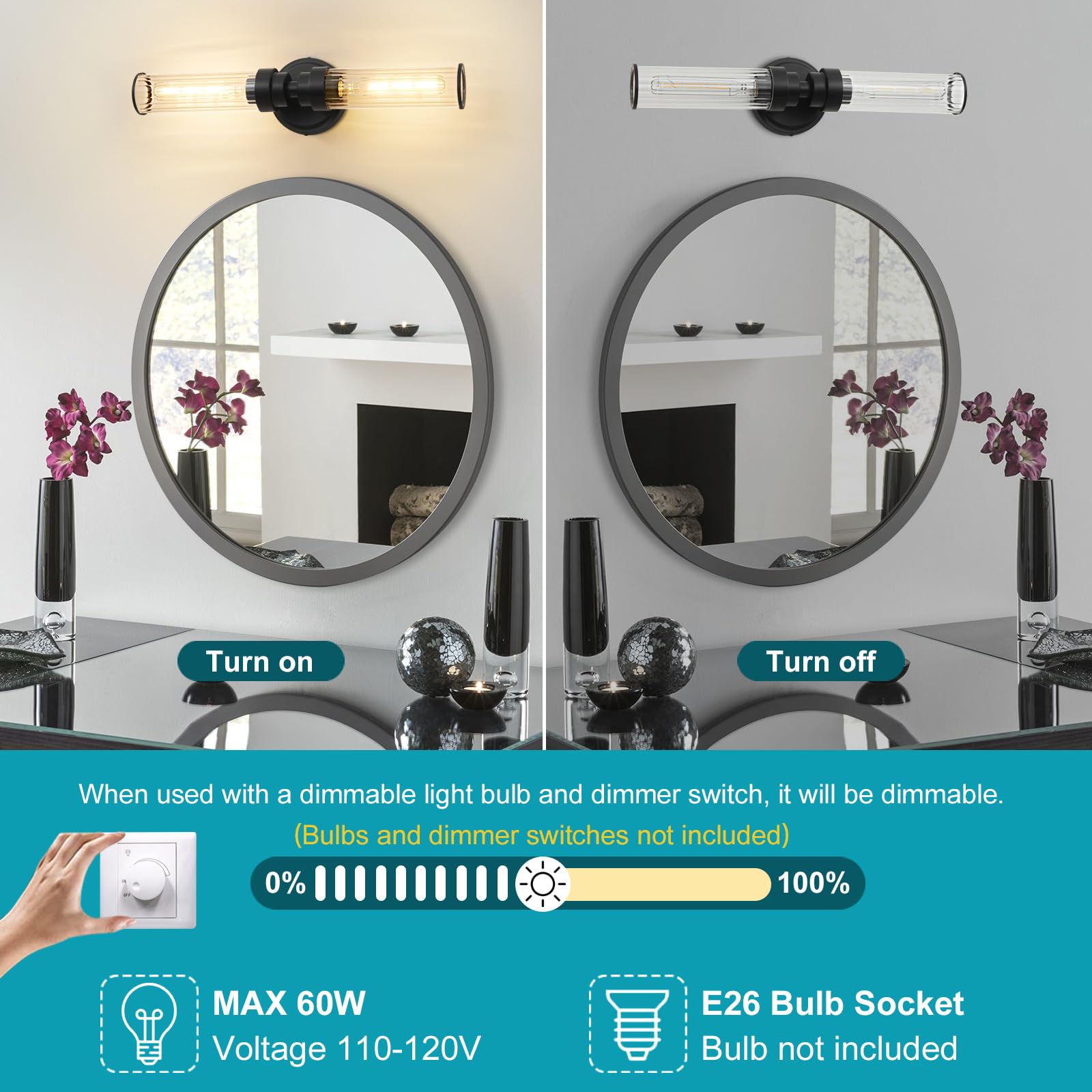 Vaziden Bathroom Light Fixtures  Black Wall Sconce In Threaded Glass Indoor Vanity Lights  Modern Bathroom Vanity Light Up And Down Sconces Wall Lighting For Bathroom  Living Room - Bulb Not Included