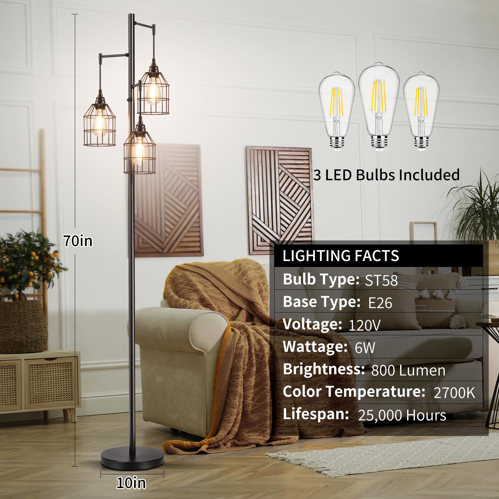 Sucolite 70'' Dimmable Floor Lamp For Living Room, Industrial 3-Light Tree Floor Lamp Black With Cages, Farmhouse Rustic Tall St