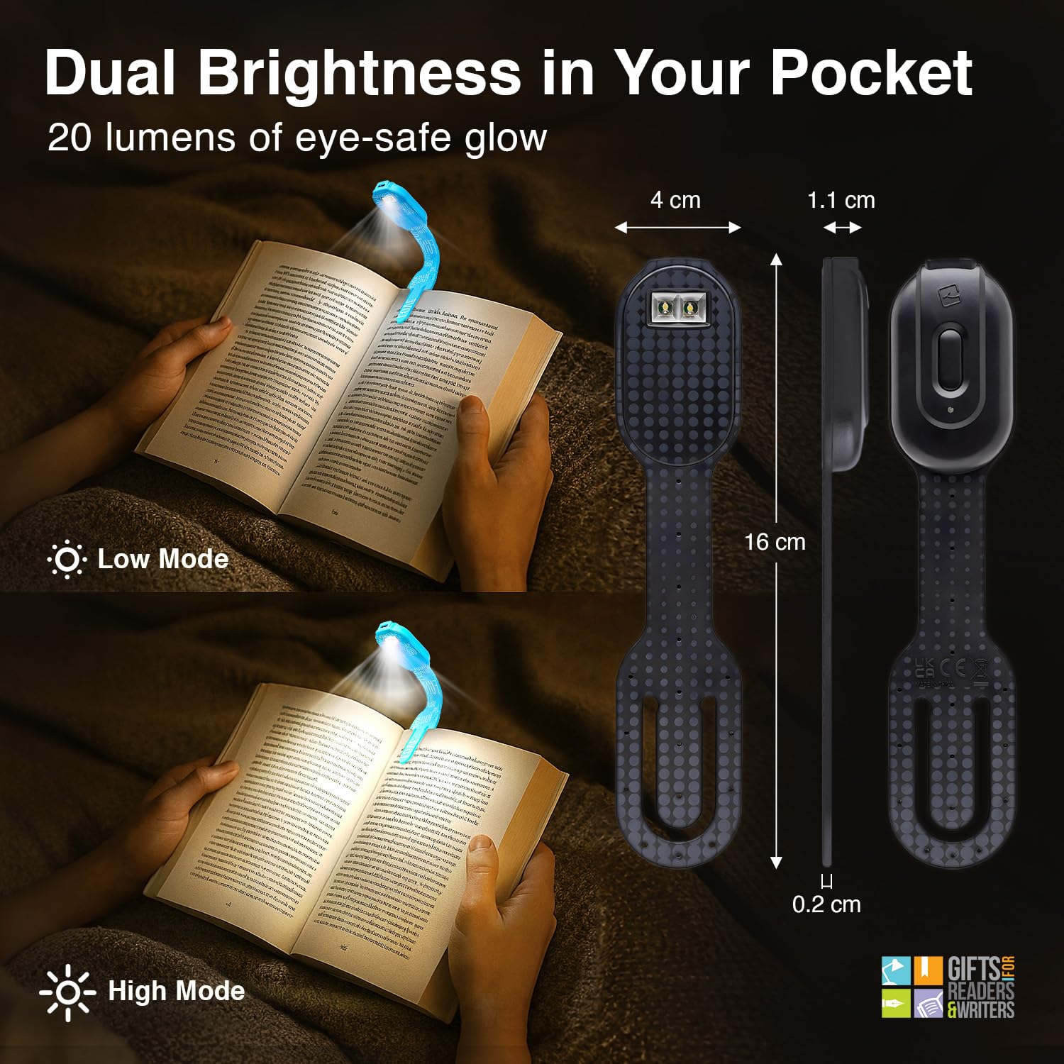 Gifts for Readers & Writers Flexilight Reading Light | LED Clip On Bookmark Lamp | Rechargeable, Black