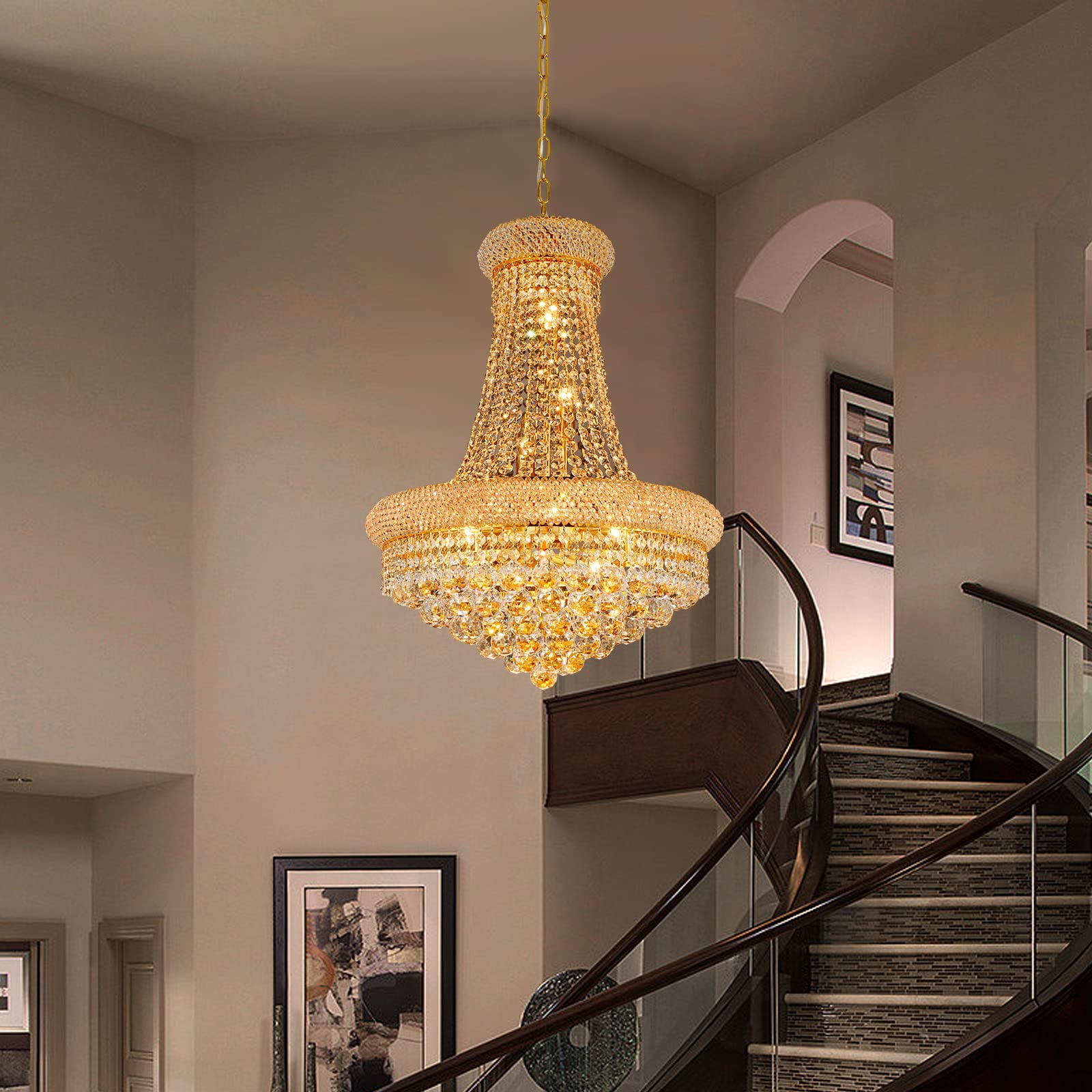 Gifarich Crystal Chandelier, 12 Lights D22" Empire Style, Gold K9 Crystal Lighting Fixture for Dining Room, Entryway, Foyer