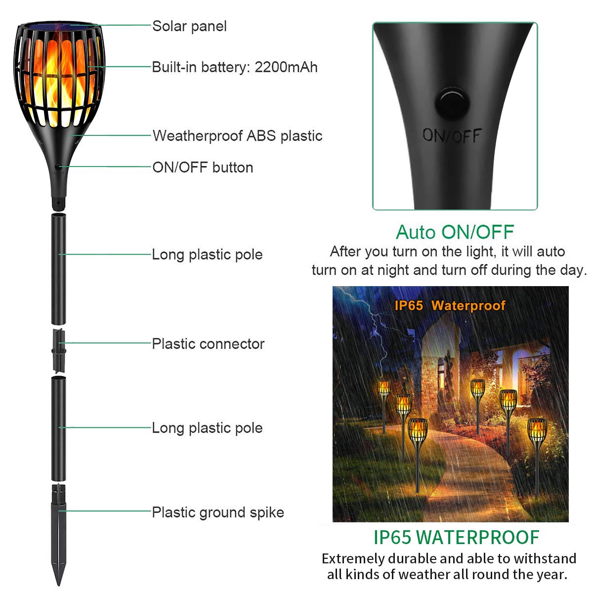 Ollivage Solar Torch Lights, Waterproof Flickering Flames, 43 Outdoor Decoration, Black, Dusk To Dawn Auto On/Off, 1 Pack