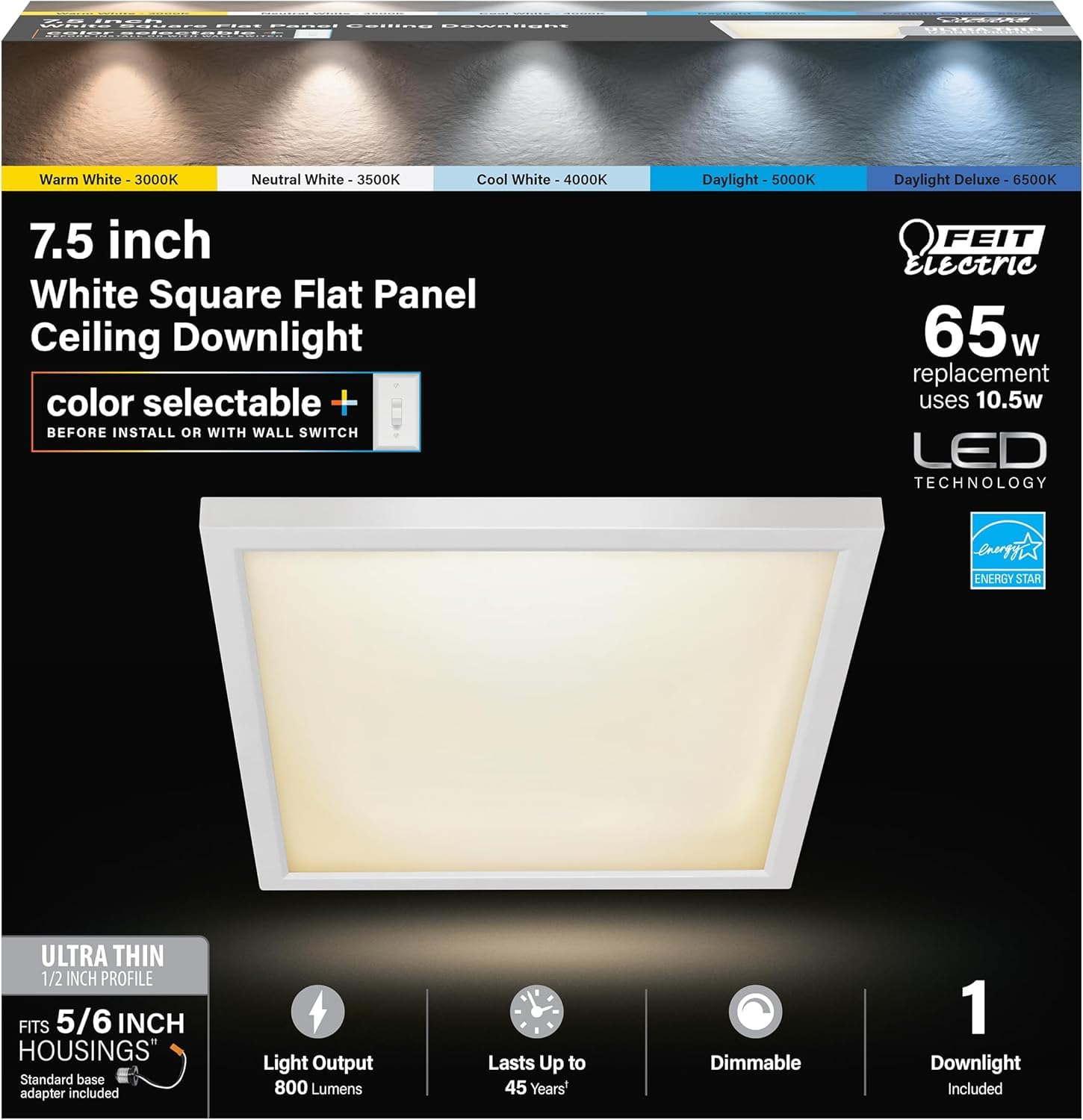 Feit Electric 7.5 Inch Led Square Ceiling Light, Dimmable Flat Panel Light With Color Selection (5Cct), Fits 5/6 Inch Recessed C