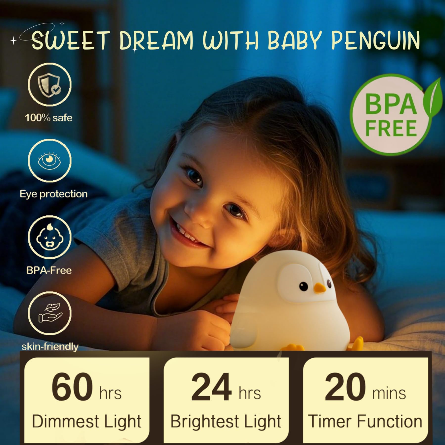 Yr Yrhh-Pet Penguin Cute Night Light For Kids  Squishy Rechargeable Penguin Gifts Lamp  Food Grade Silicone Dimmable Touch Nightlight  Boy Girl Light Up Gray Penguins  Baby Nursery Room Animal D?Cor