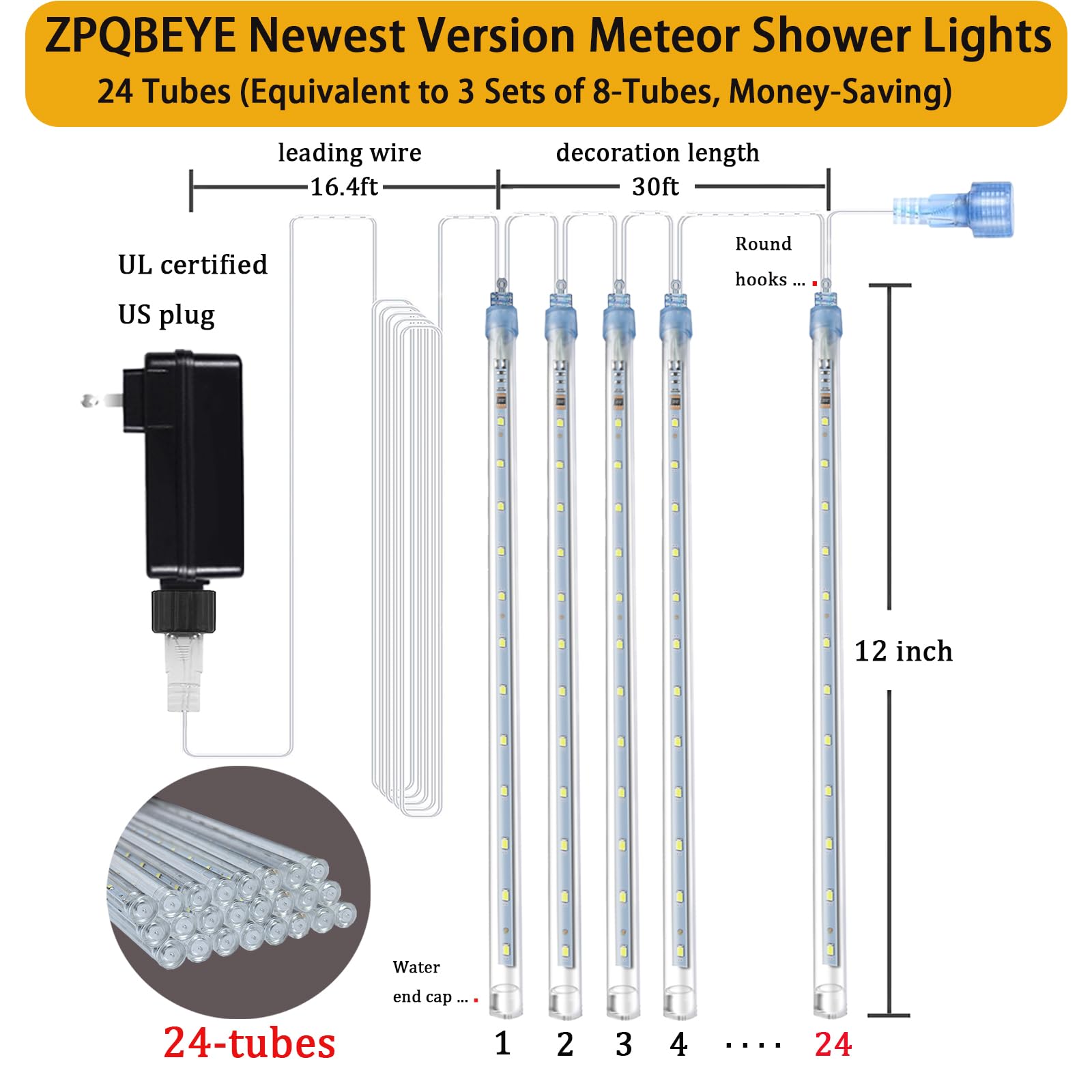 Zpqbeye Meteor Shower Lights Christmas Lights Outdoor 24-Tube 576Leds Snow Falling Rain Cascading Icicle Lights For Xmas Tree Ch