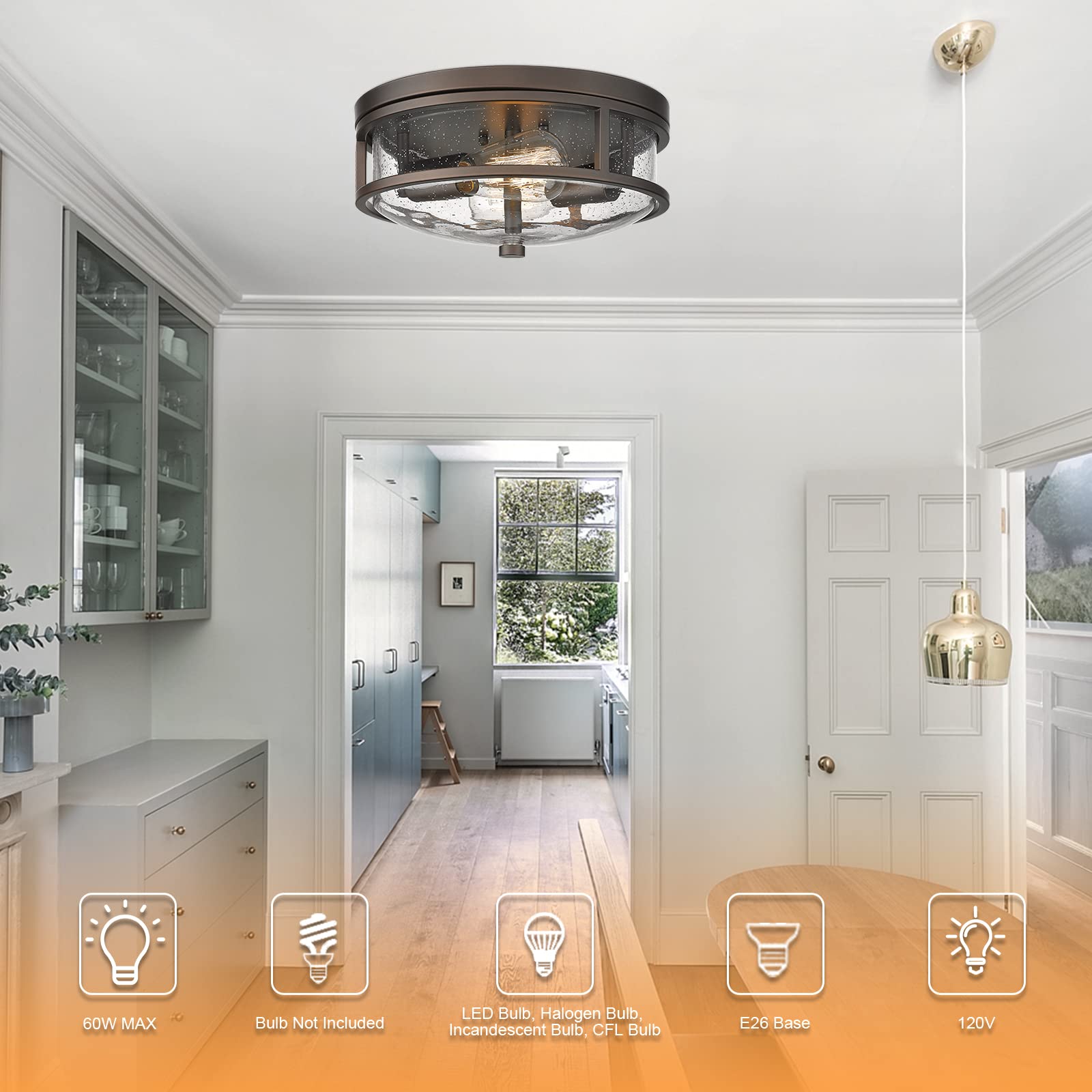 Rosient Flush Mount Ceiling Light Fixture, 12 Inch 2-Light Modern Farmhouse Ceiling Light With Seeded Glass For Bedroom, Entrywa