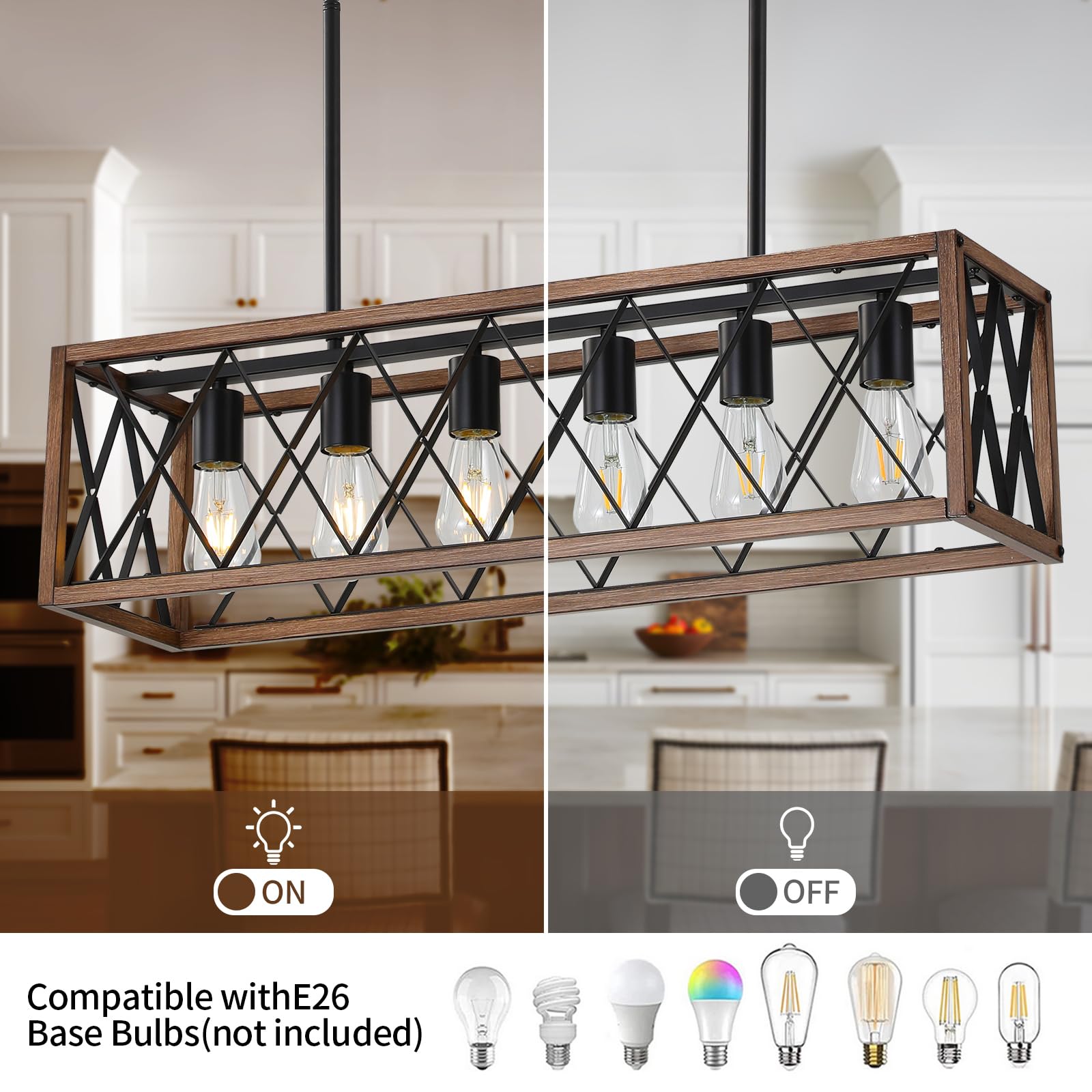 KEESFU 6-Light Wood Grain Chandelier, Adjustable Rustic Pendant Light for Dining Room and Kitchen